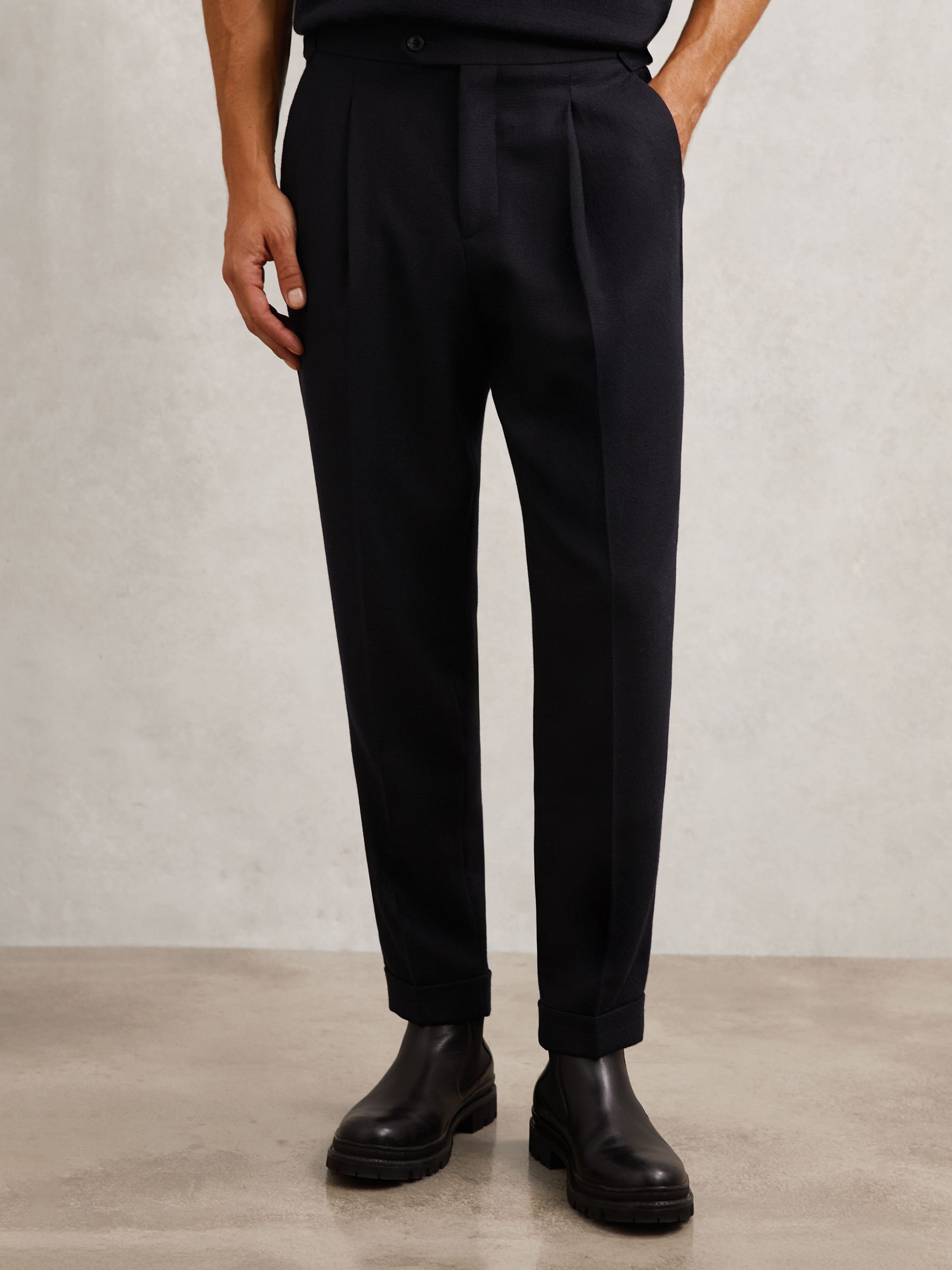 Wool-Blend Slim-Fit Cuffed Trousers in Navy