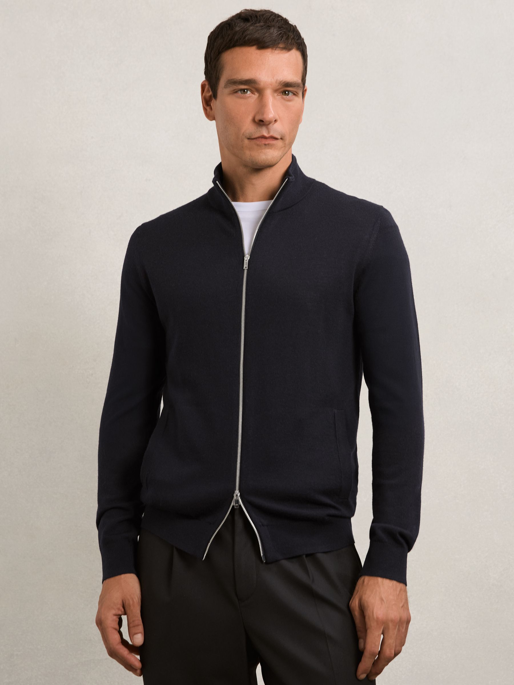 Merino Wool Zip-Through Cardigan in Navy