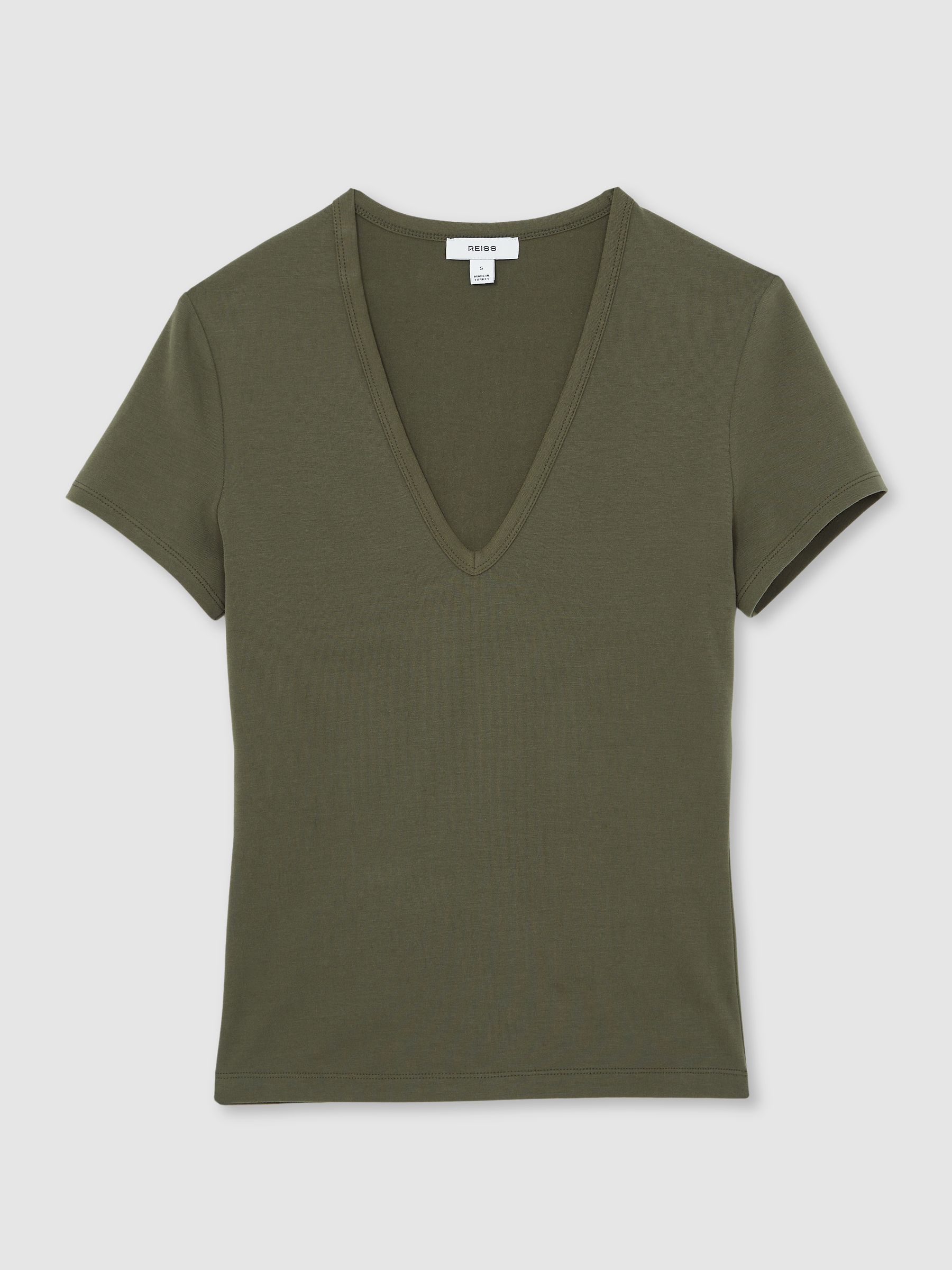 Stretch Cotton V-Neck T-Shirt in Khaki Green