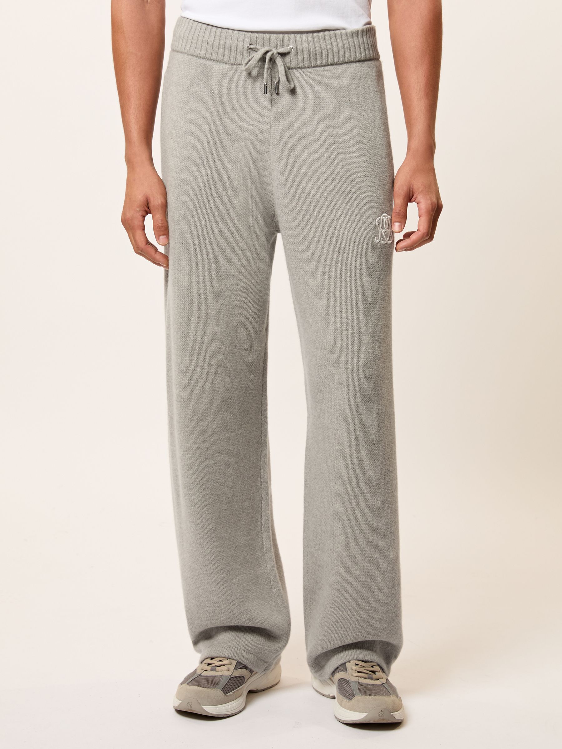 Monogram Wool Wide-Leg Knitted Joggers in Grey Melange
