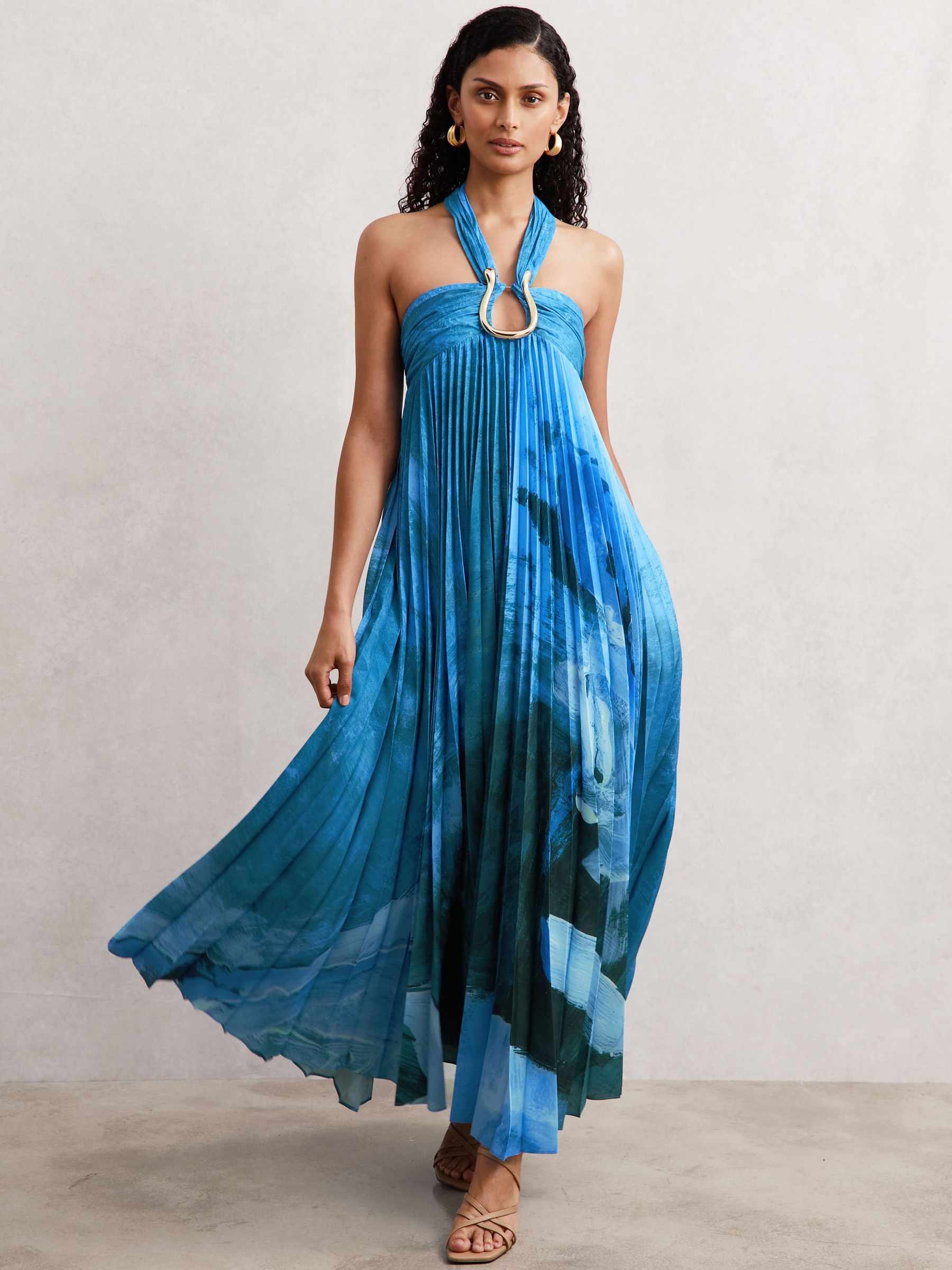 Acler Abstract-Print Pleated Maxi Dress in Blue