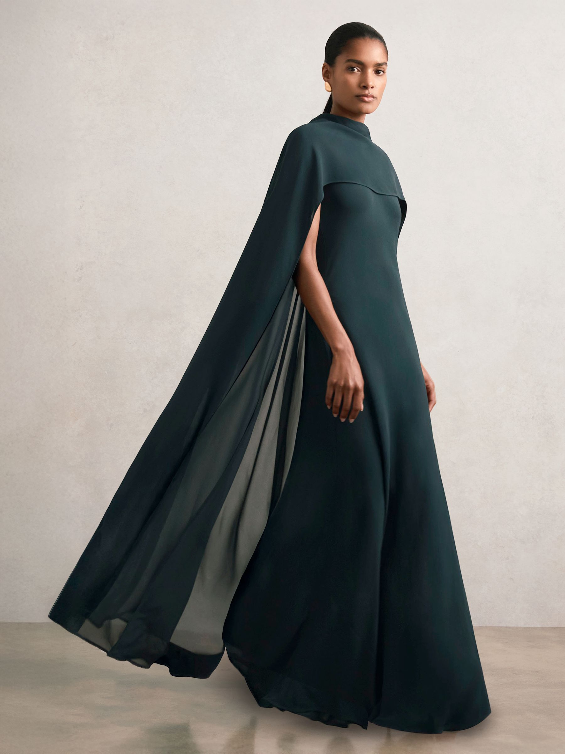 Crepe Cape Maxi Dress in Teal Green