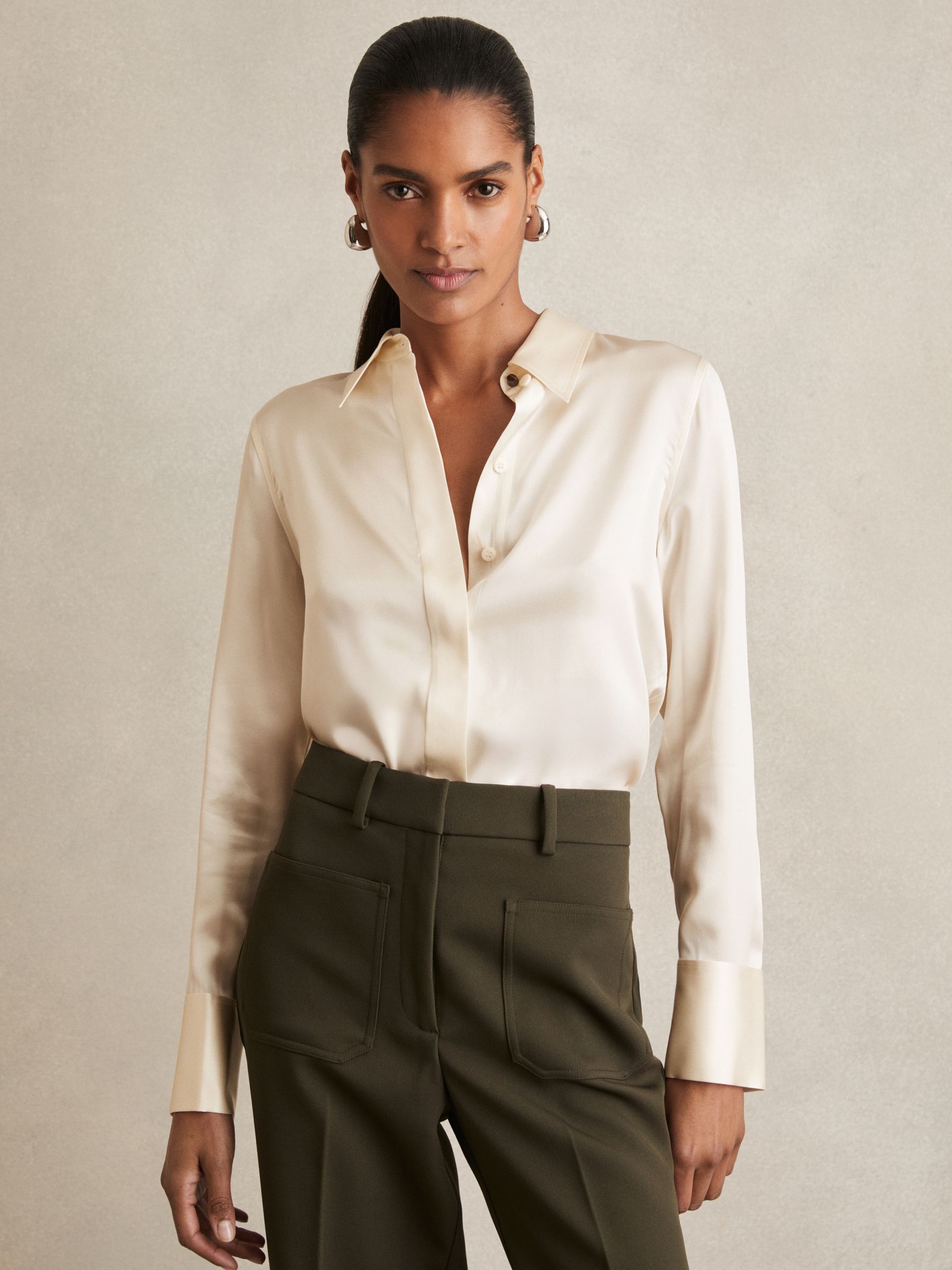 Silk-Satin Concealed-Placket Shirt in Ivory