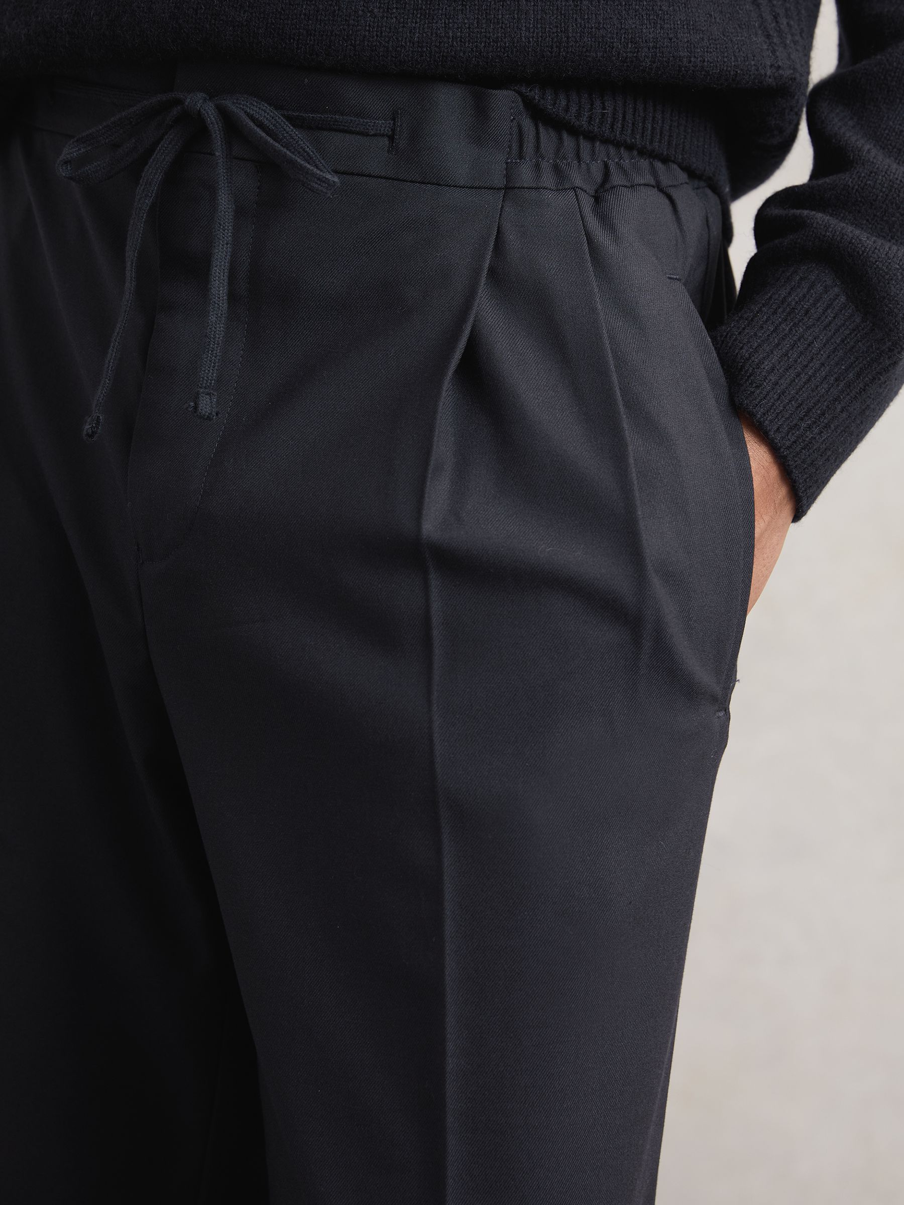 Wide Leg Pleated Drawstring Trousers in Navy