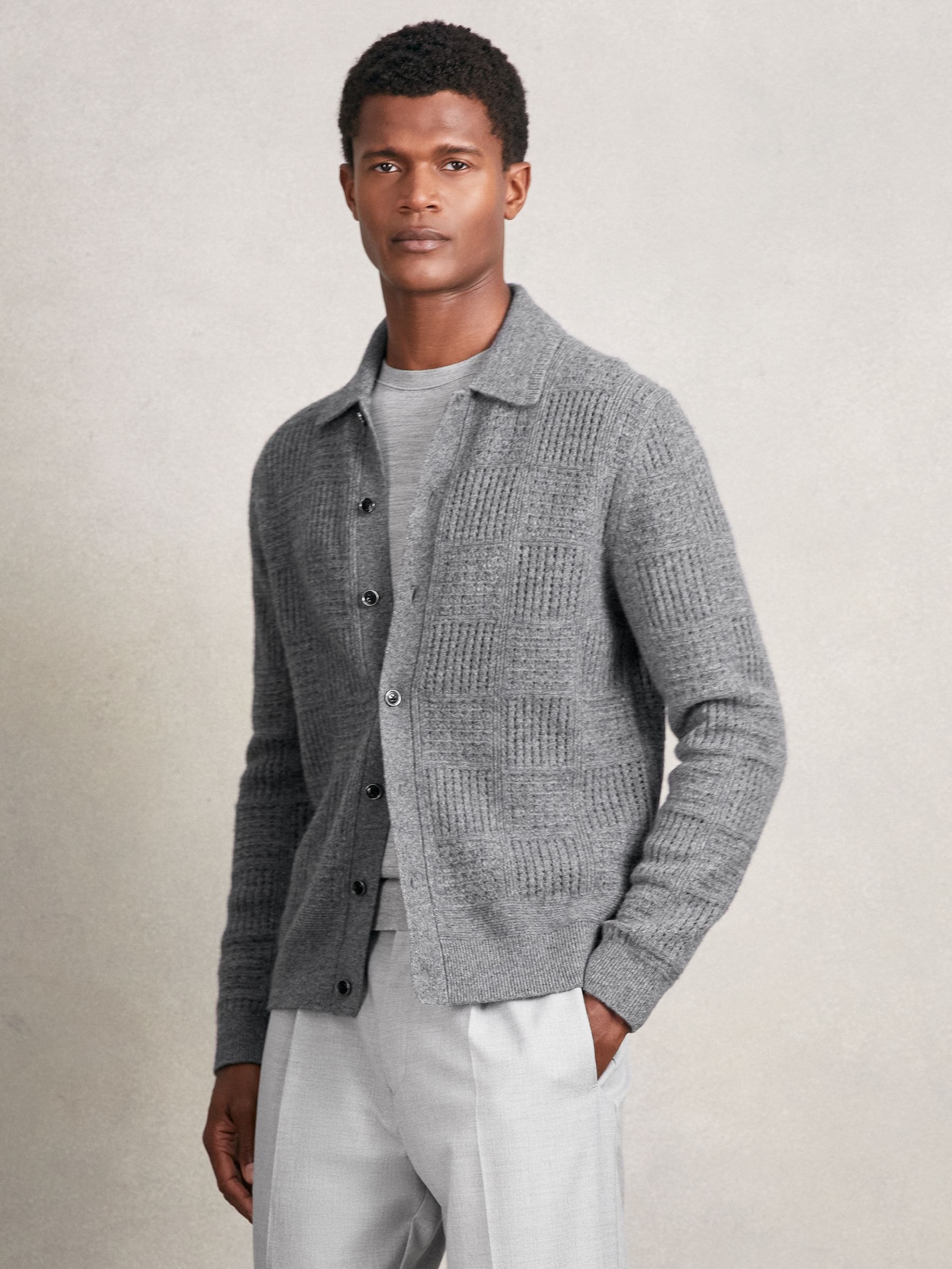 Wool Button Through Collared Cardigan in Mid Grey