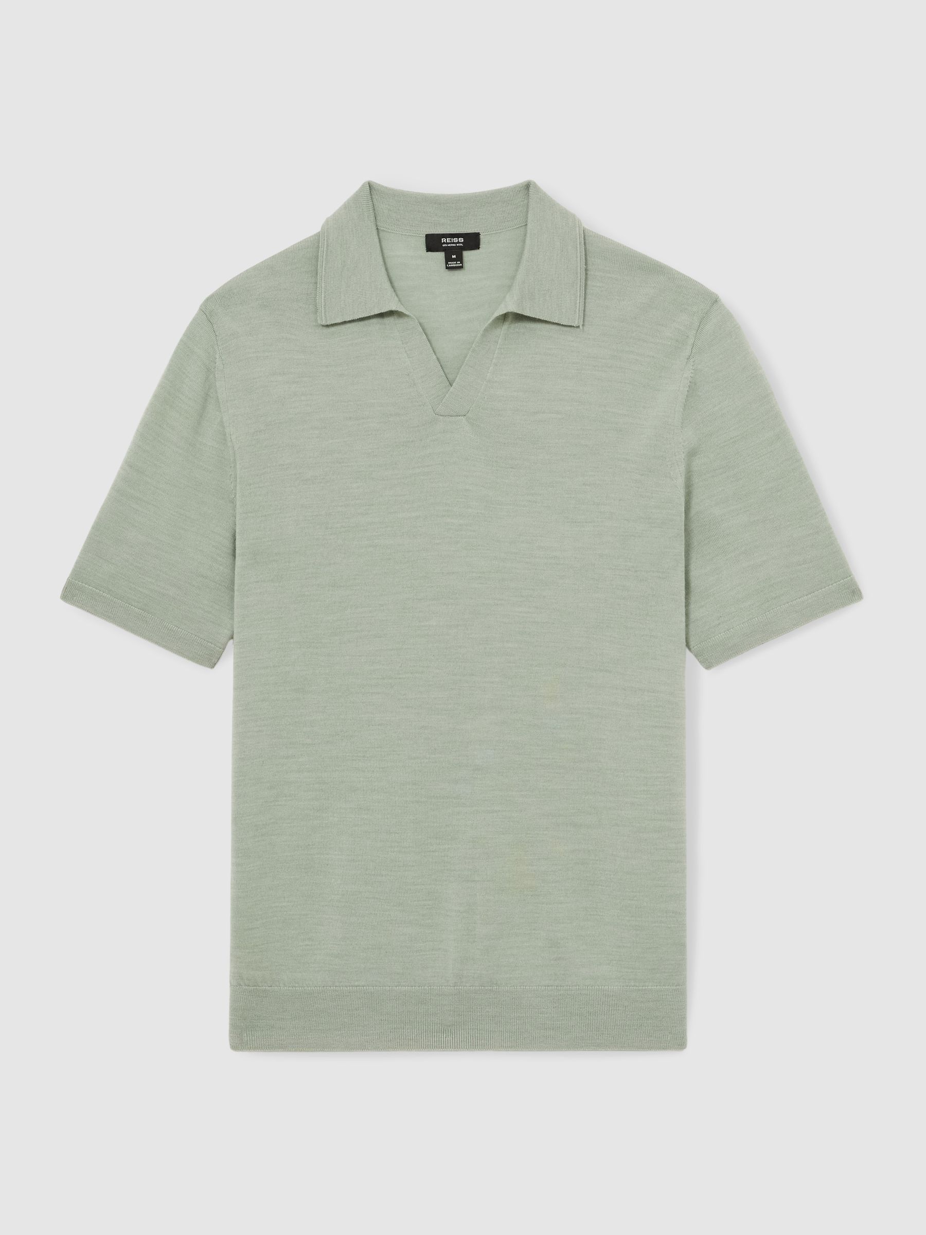 Merino Wool Open-Collar Polo Shirt in Sage Green Melange