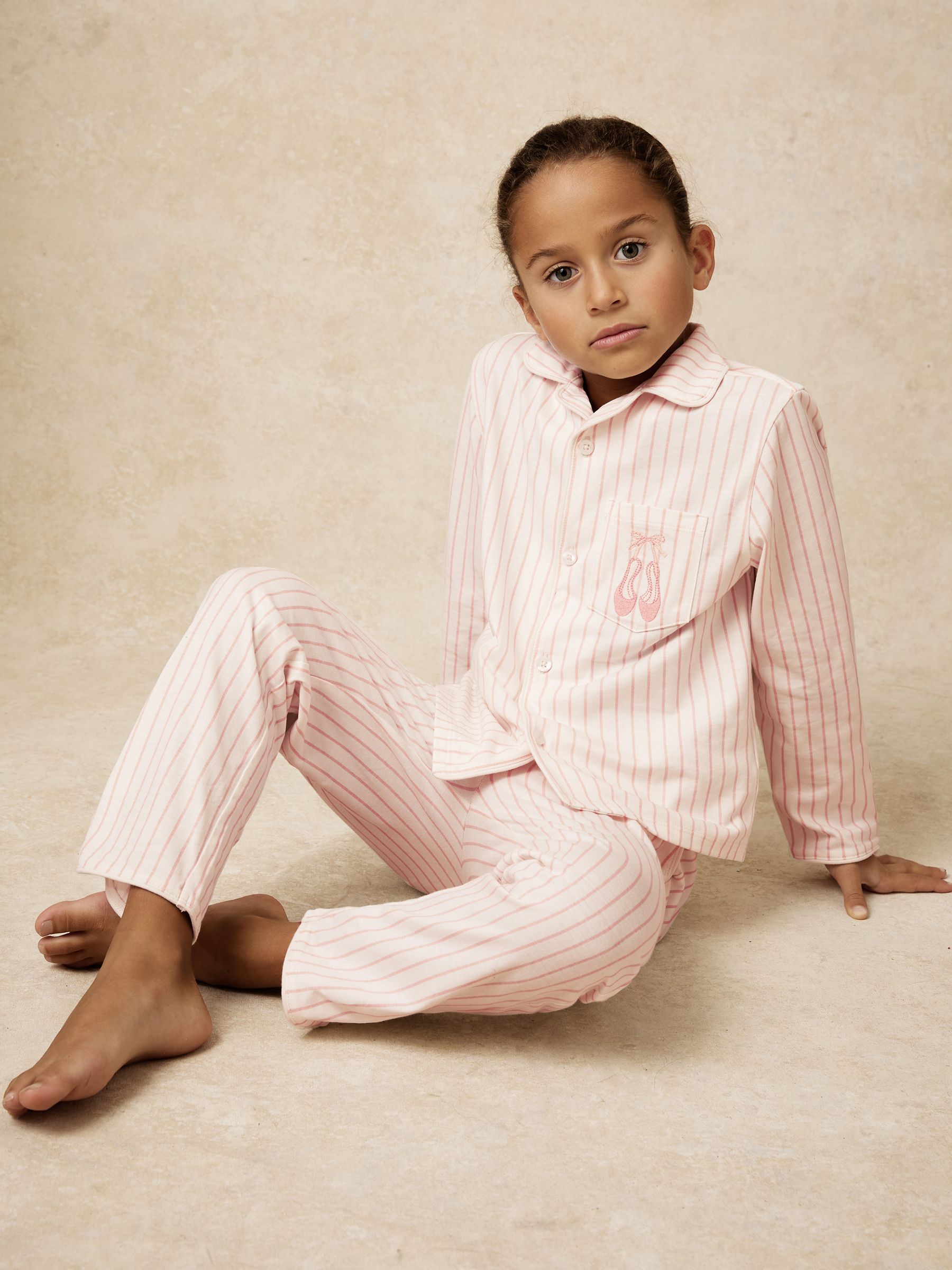 9-13 yrs Cotton Embroidery Stripe Pyjama Set in Pink