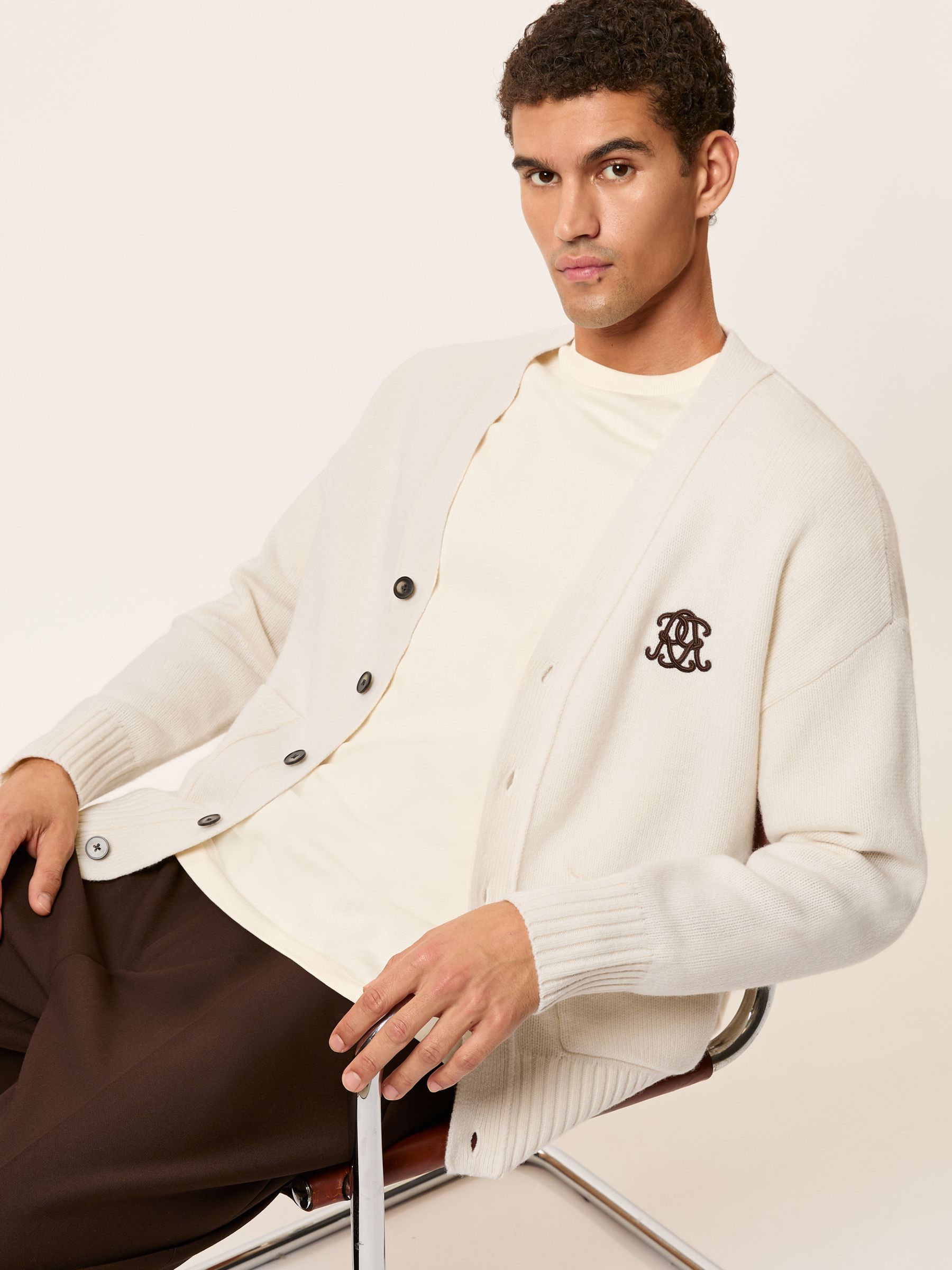 Monogram Embroidery Relaxed Cardigan Wool in Off White