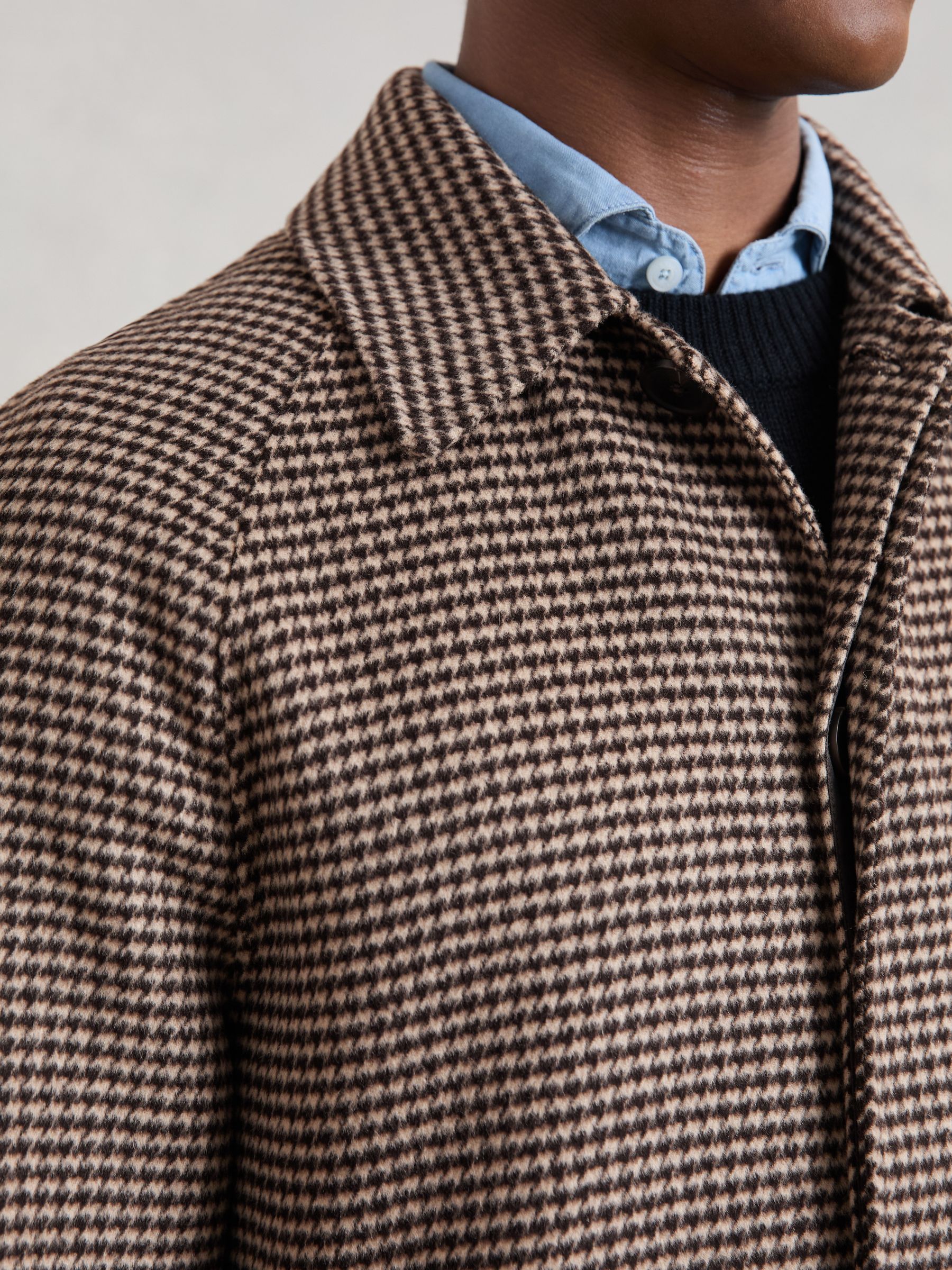 Wool-Blend Dogtooth-Check Overcoat in Brown