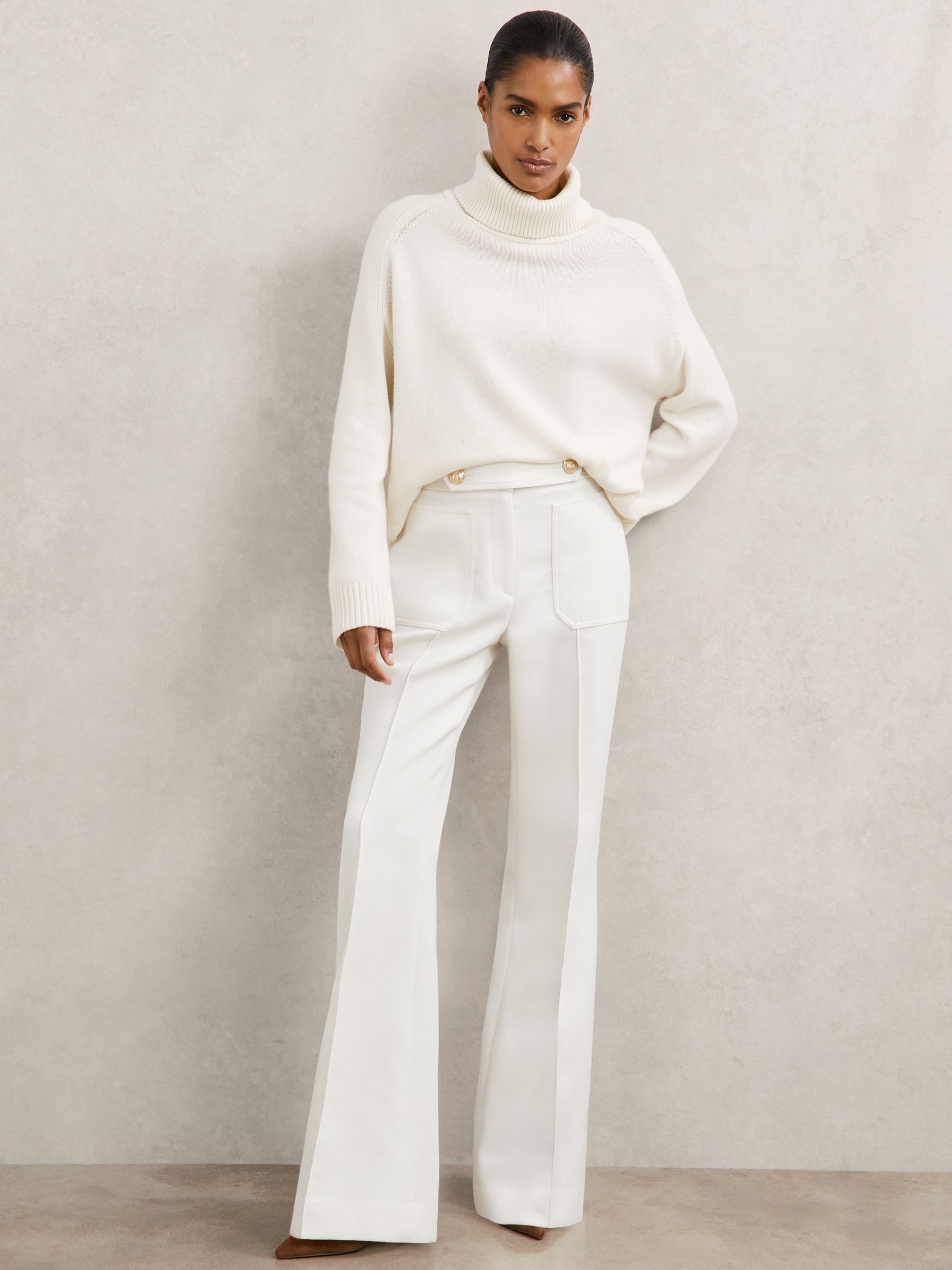 Petite Twill Button-Tab Flared Trousers With Wool in Black