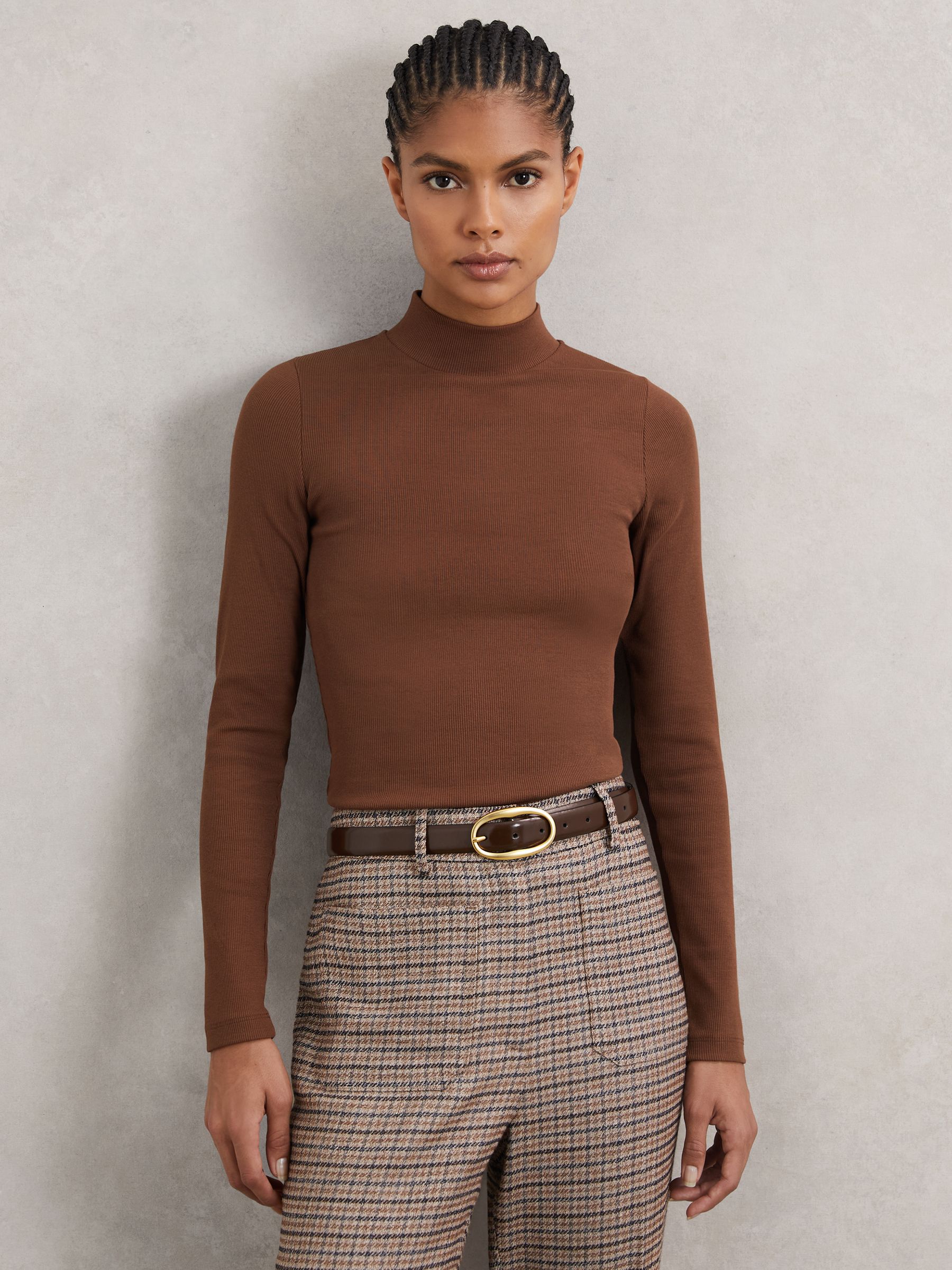 Stretch-Cotton Funnel-Neck Top in Brown