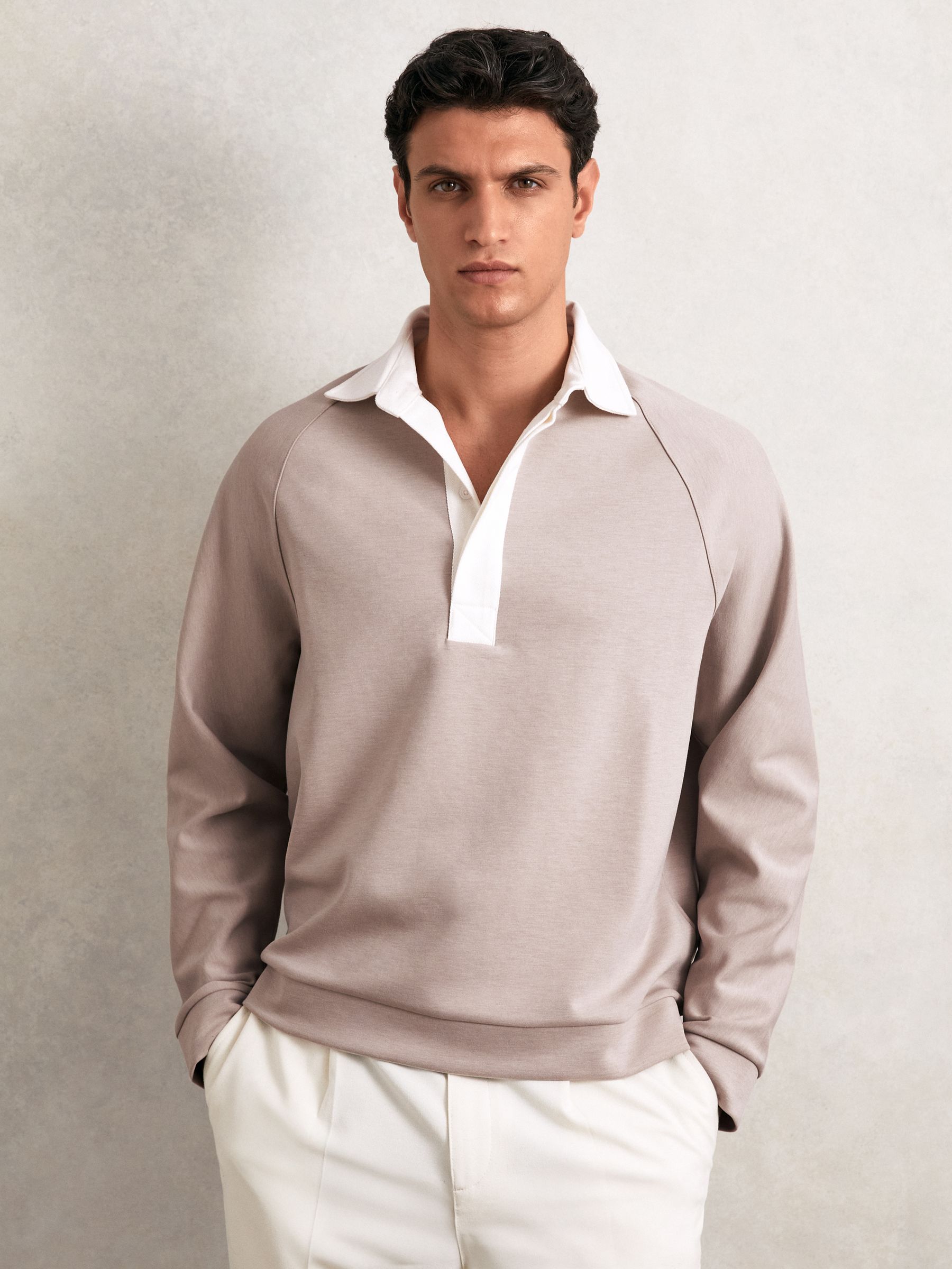 Colour Block Rugby Shirt in Oatmeal/White