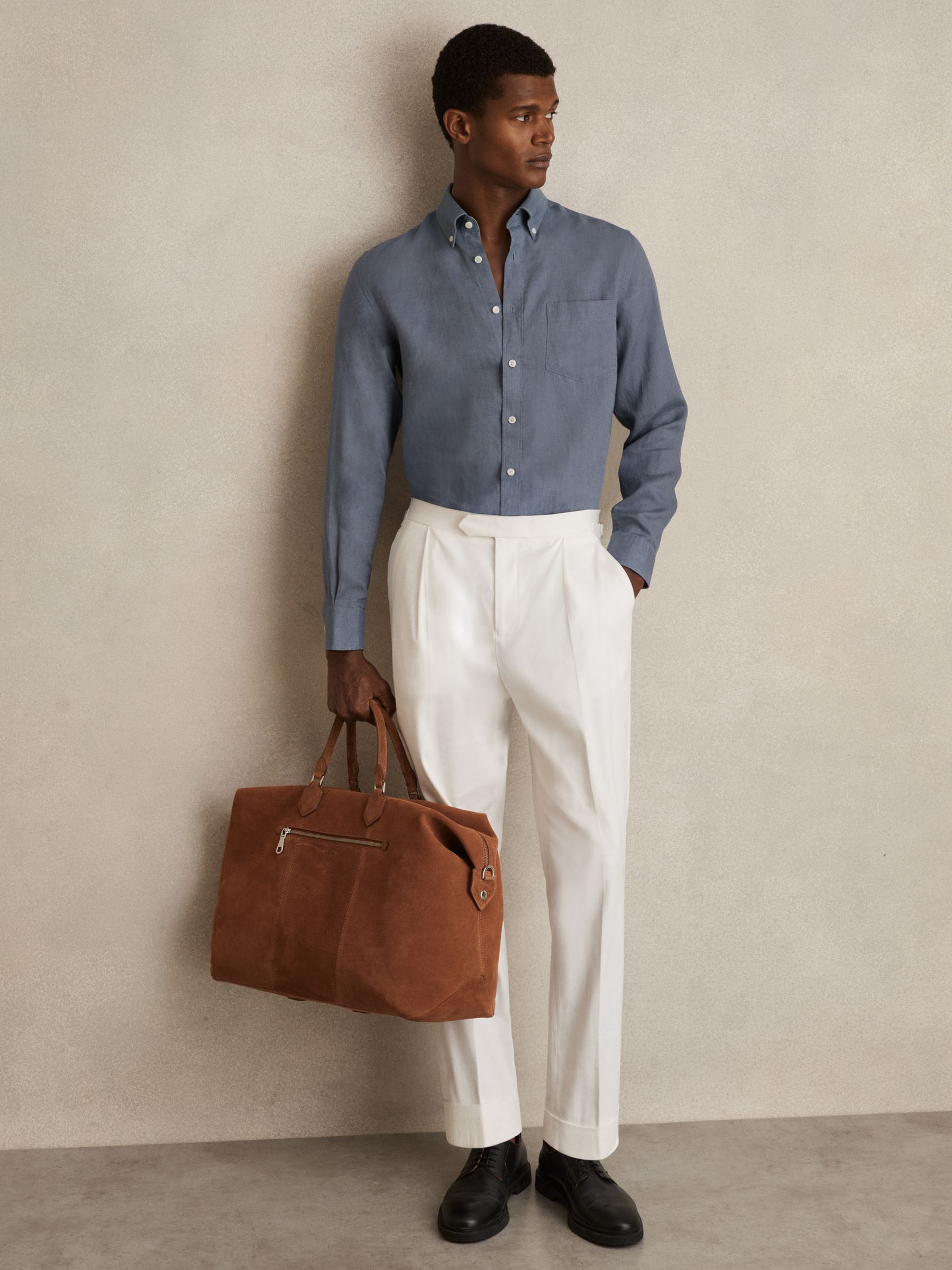 Linen Button-Through Shirt in Airforce Blue