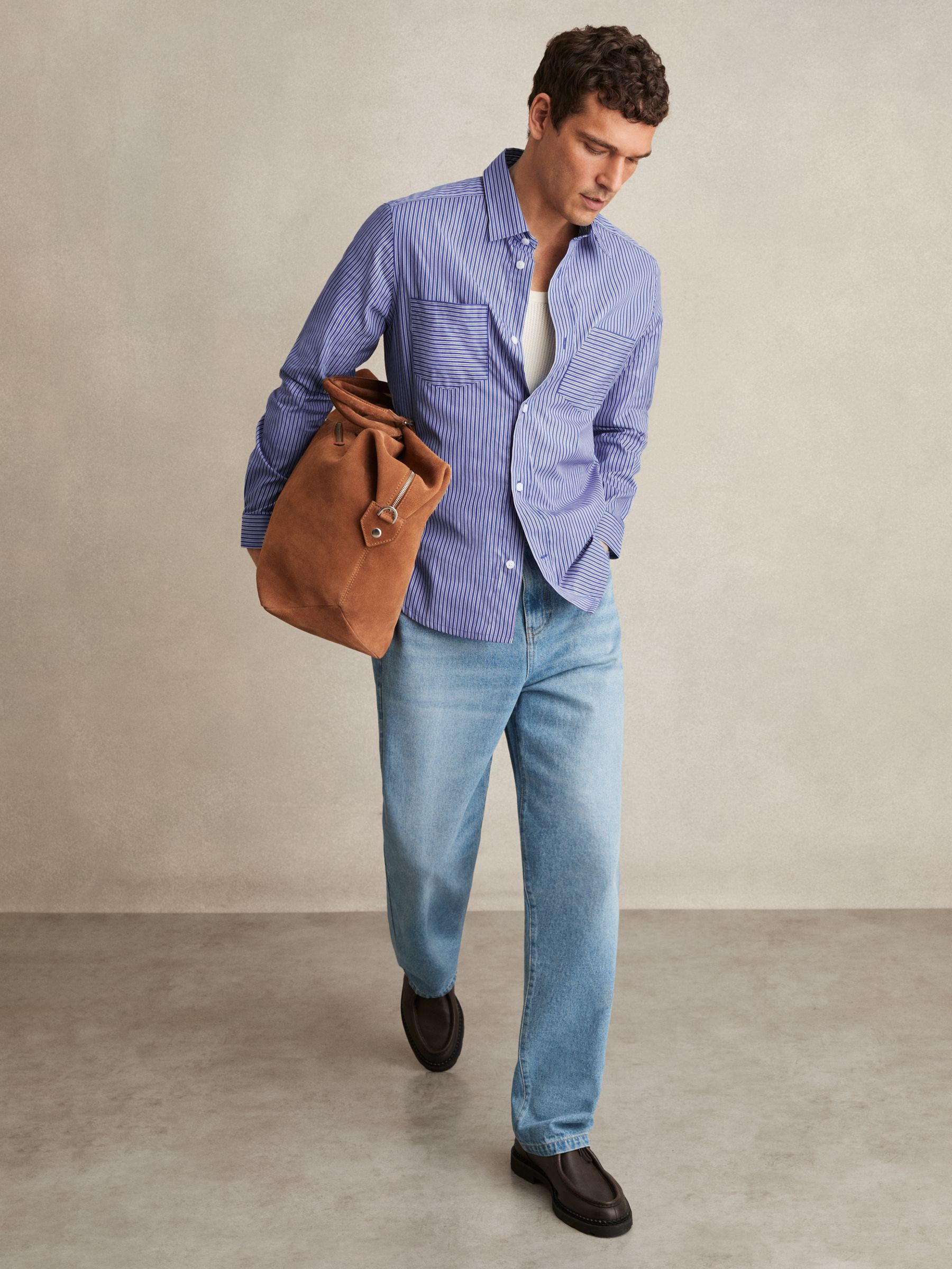 Cotton-Poplin Stripe Twin-Pocket Shirt in Blue/White