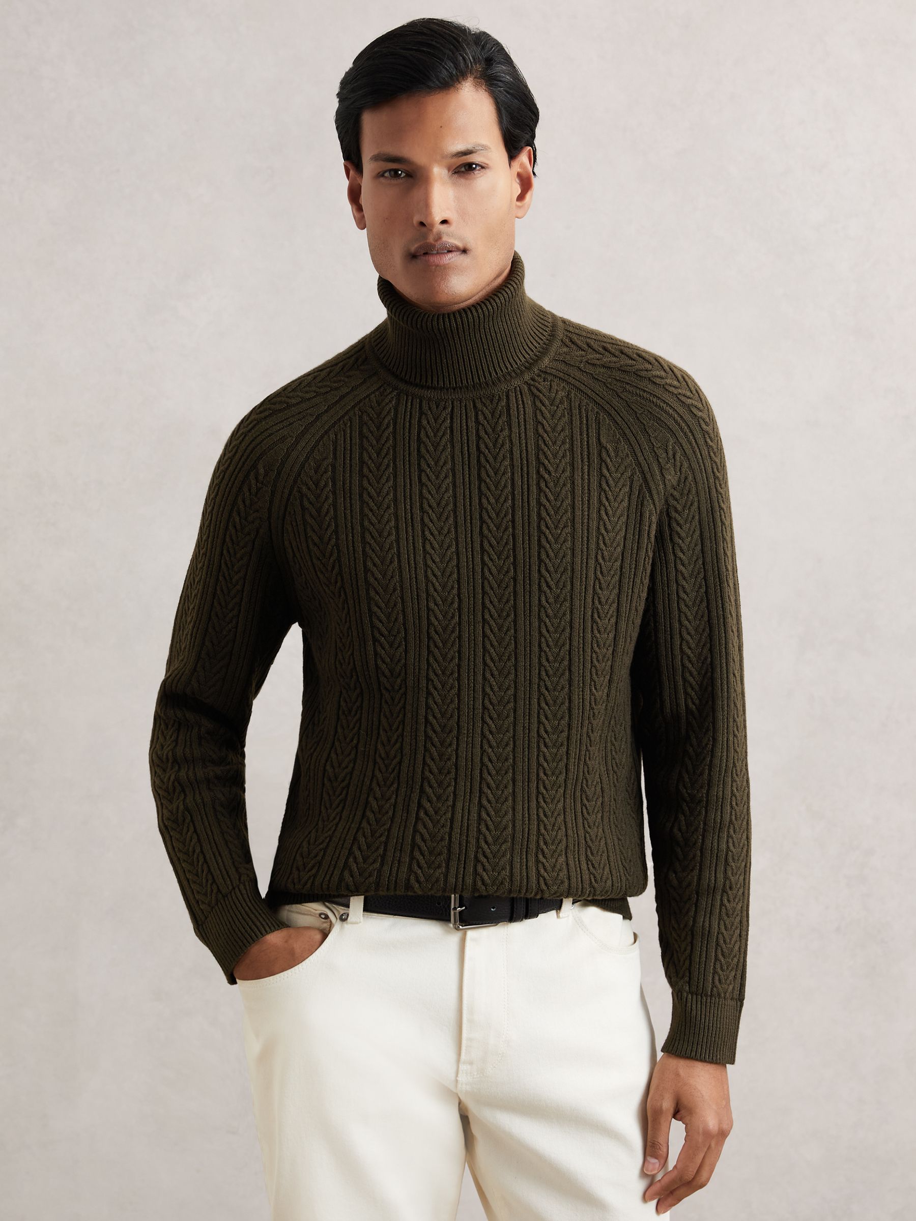 Cable-Knit Roll-Neck Jumper With Wool in Mid Grey Melange