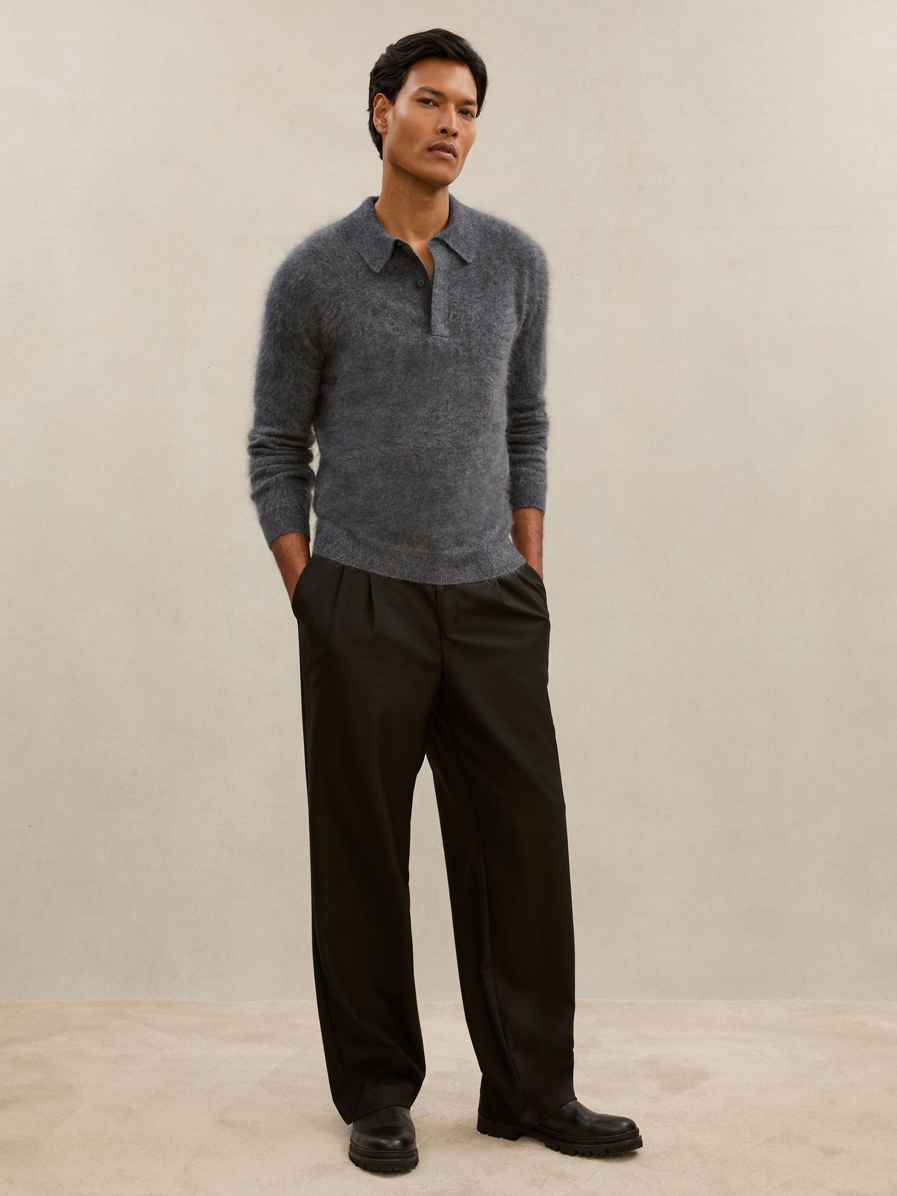 Atelier Brushed-Cashmere Polo Jumper in Mid Grey