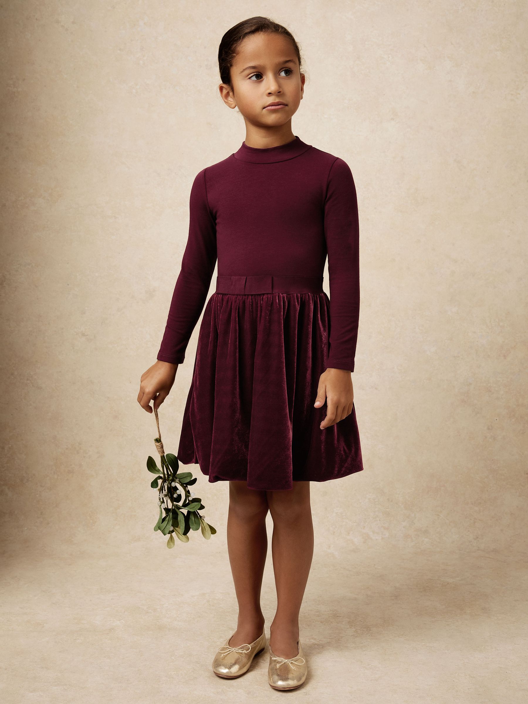 3-9 yrs Velvet-Skirt Jersey Skater Dress in Burgundy