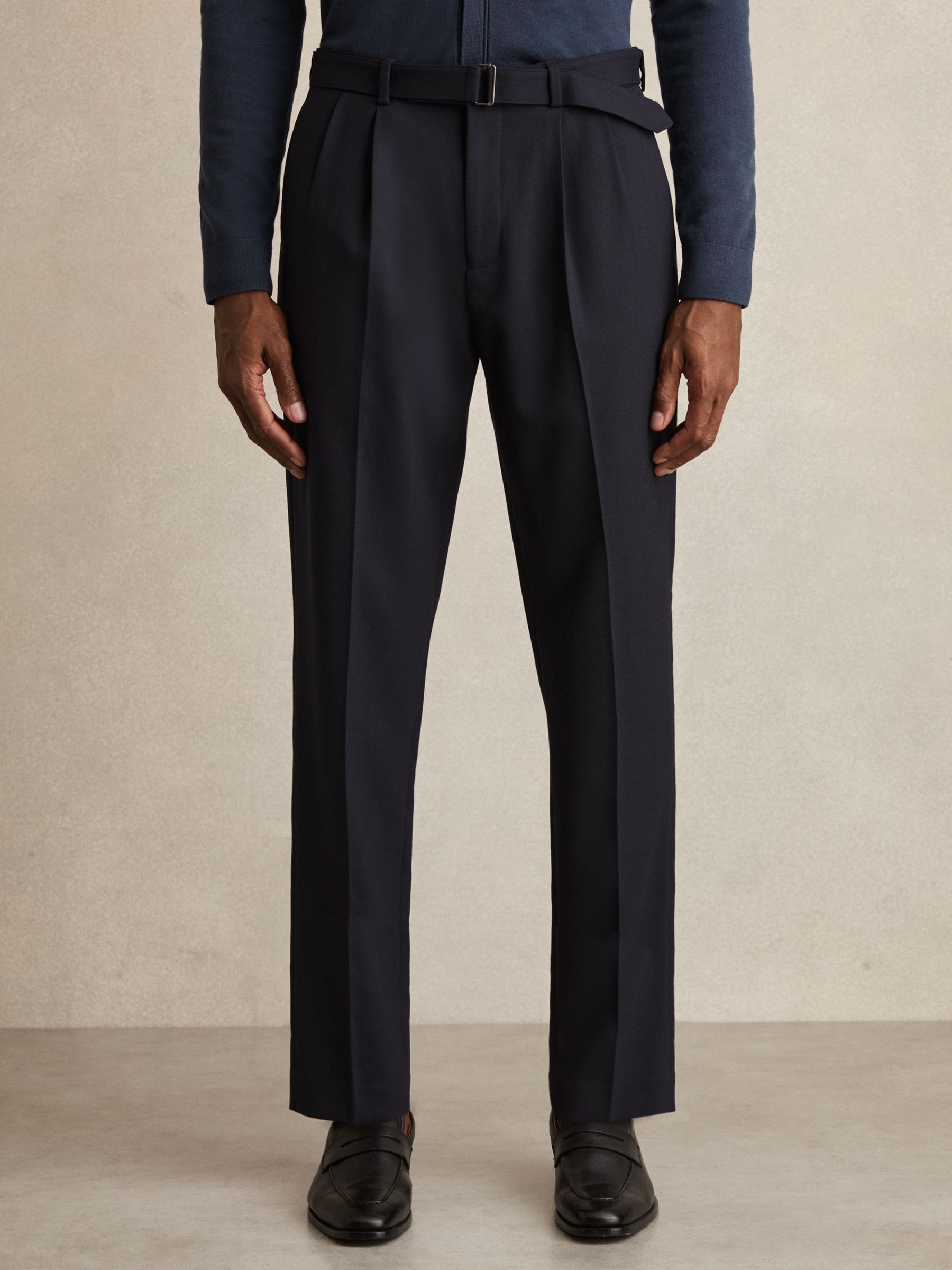 Wool-Blend Tailored-Fit Belted Trousers in Navy