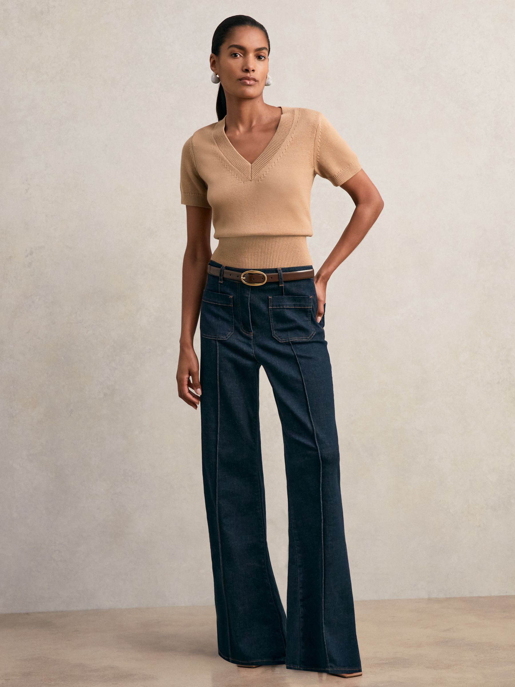 Cotton-Wool Knit V-Neck Top in Camel