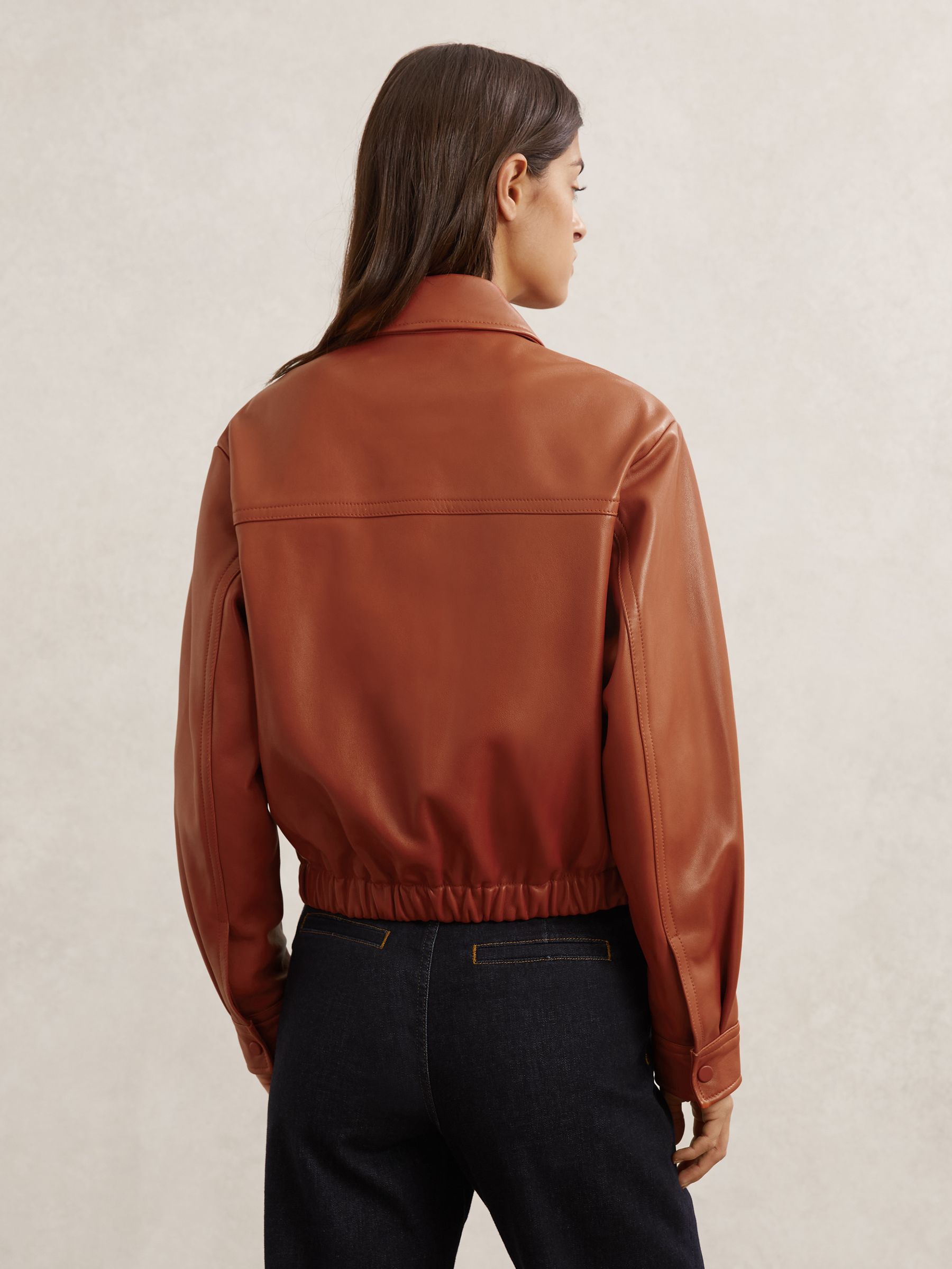 Leather Cropped Bomber Jacket in Tan