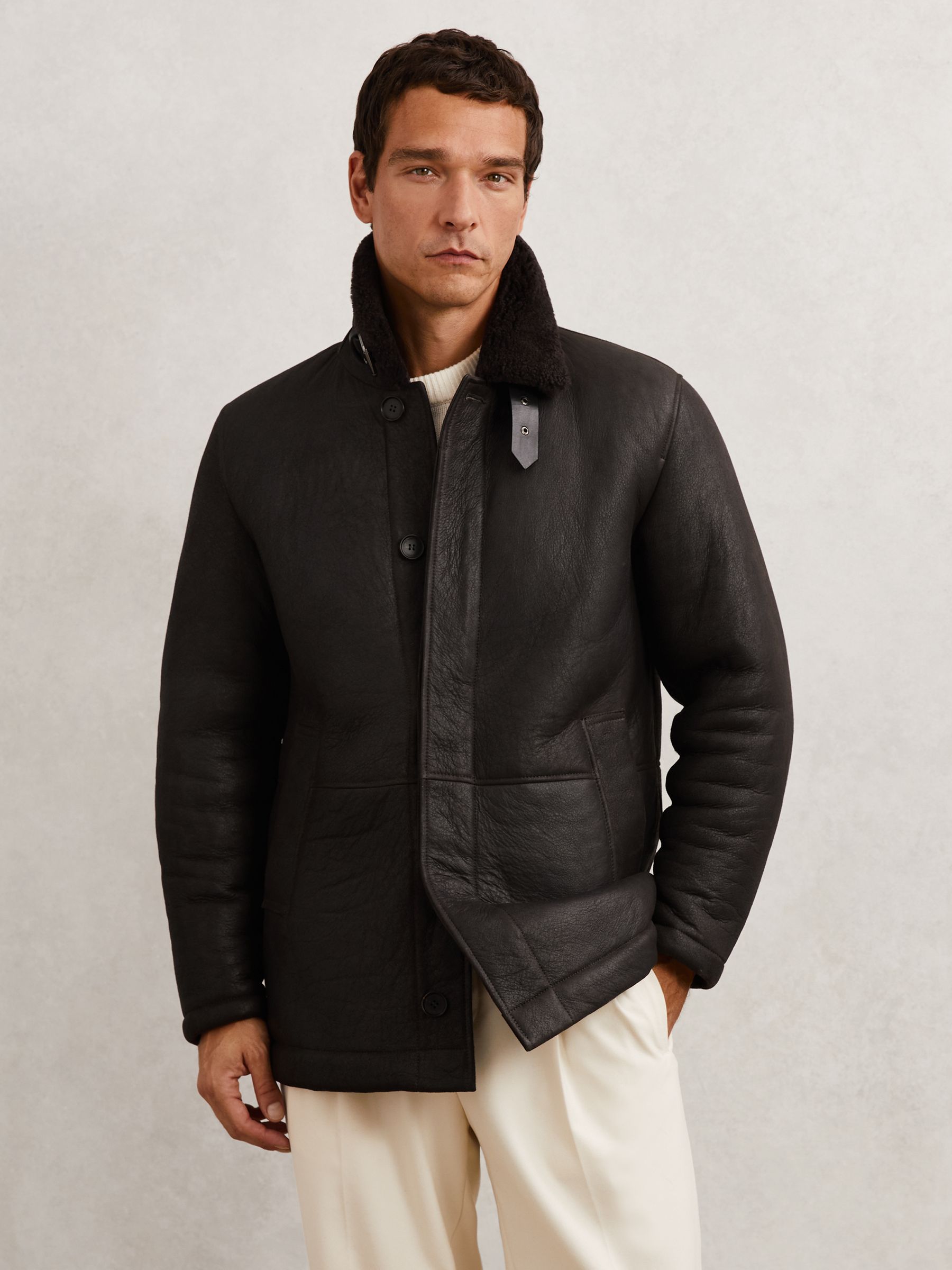 Button-Through Shearling Jacket in Brown