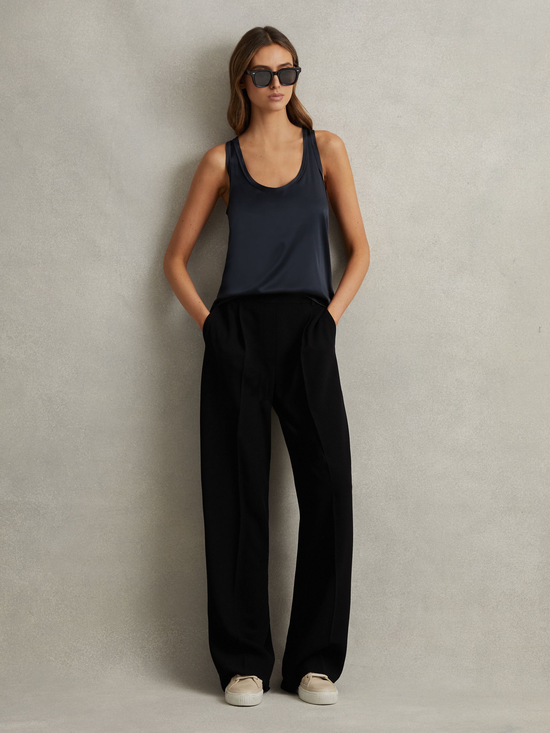 Petite Half-Elasticated Wide Leg Trousers in Black