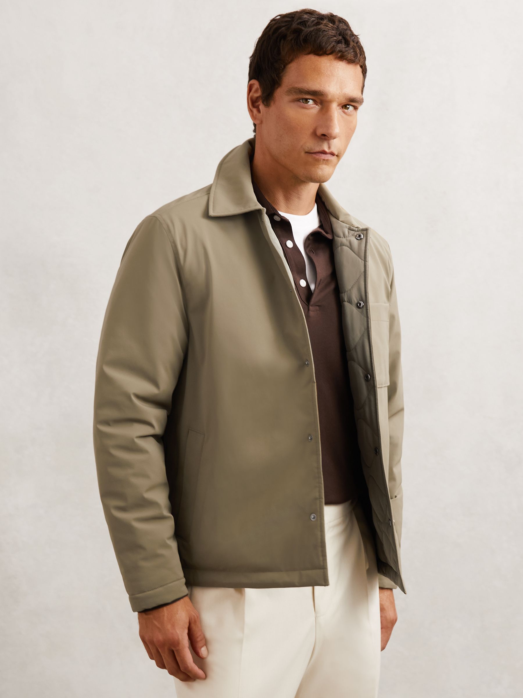 Lightly-Padded Patch-Pocket Overshirt in Olive Green