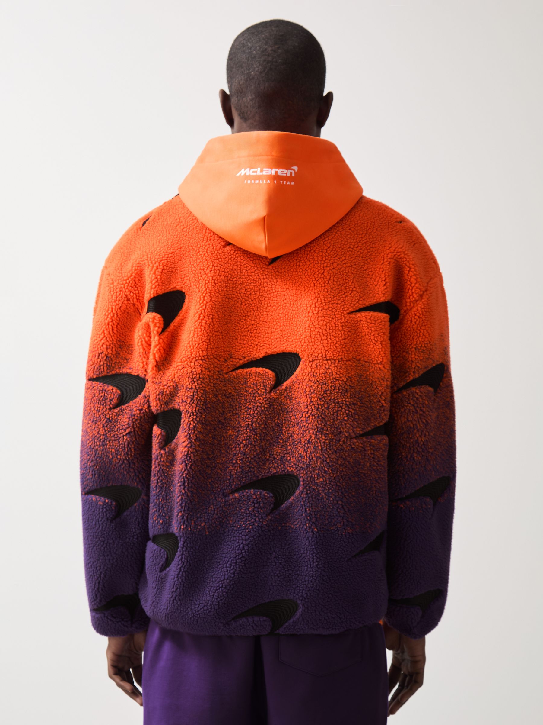 Unisex Fit McLaren F1 Team Ombré Fleece Jacket in Papaya Orange/Purple