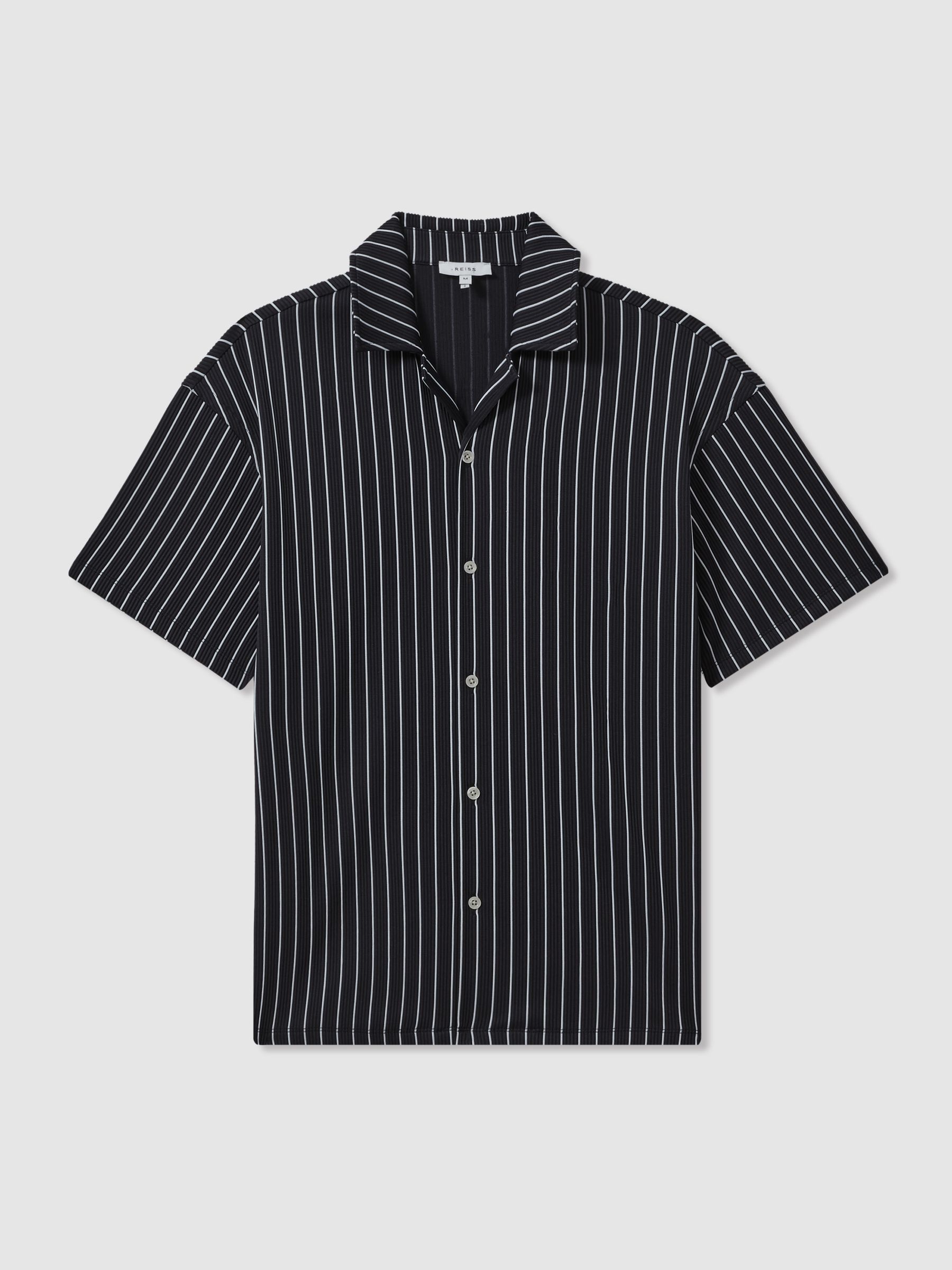 Ribbed Striped Cuban Collar Shirt in Navy/White