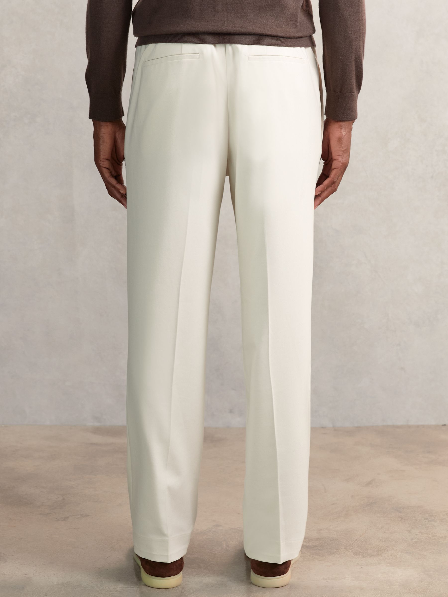 Wide Leg Pleated Drawstring Trousers in Ecru