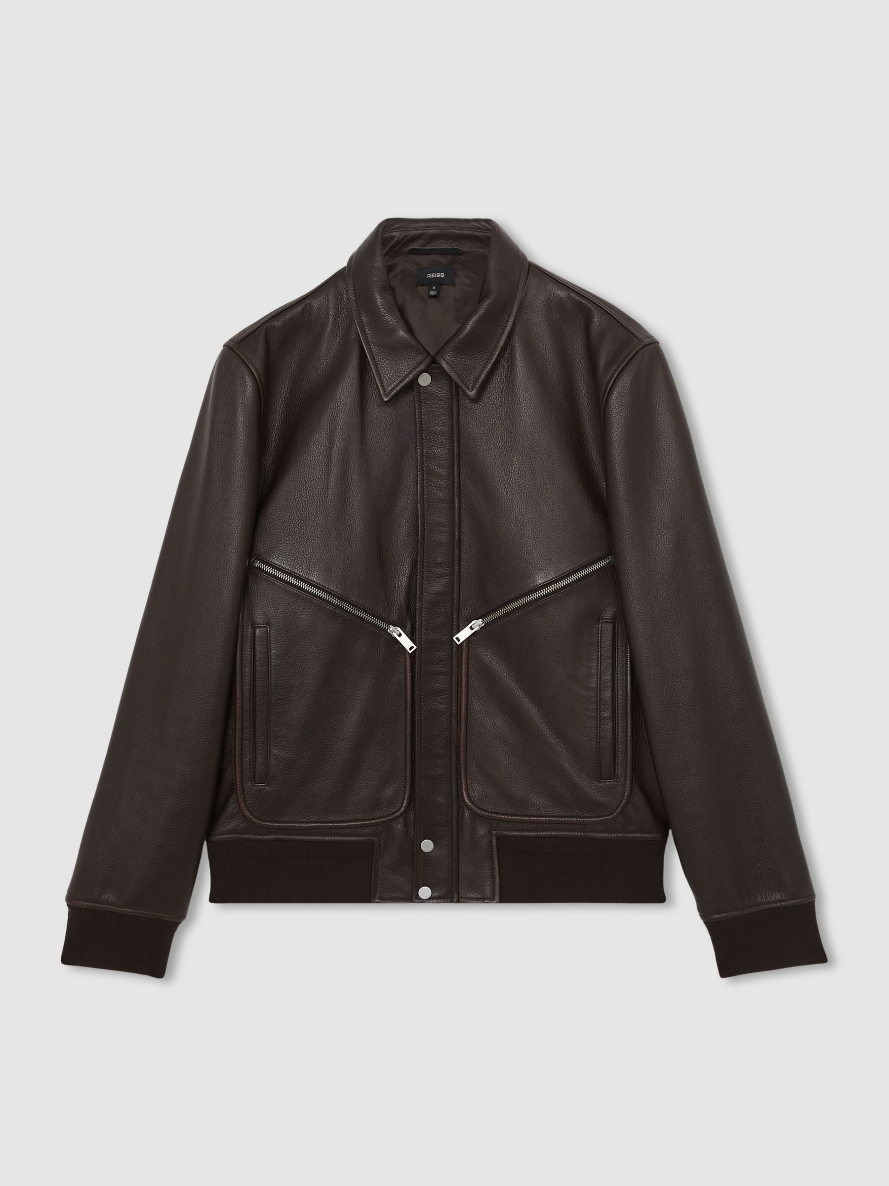 Burnished-Leather Zip-Through Jacket in Chocolate Brown