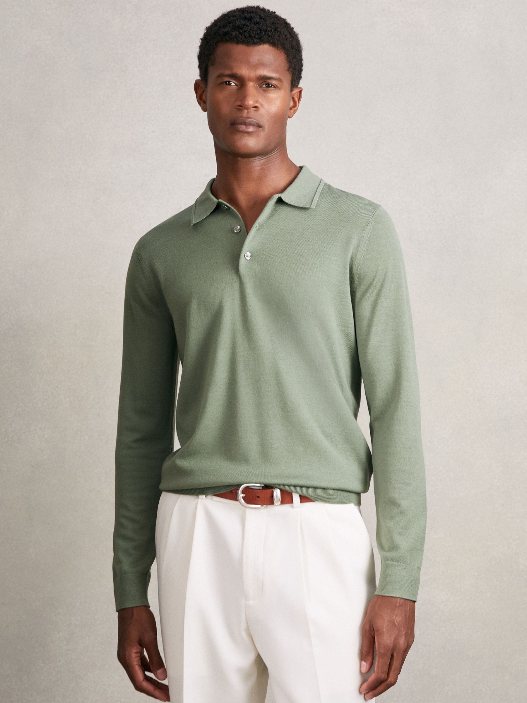 Merino Wool Long-Sleeve Polo Shirt in Harper Green