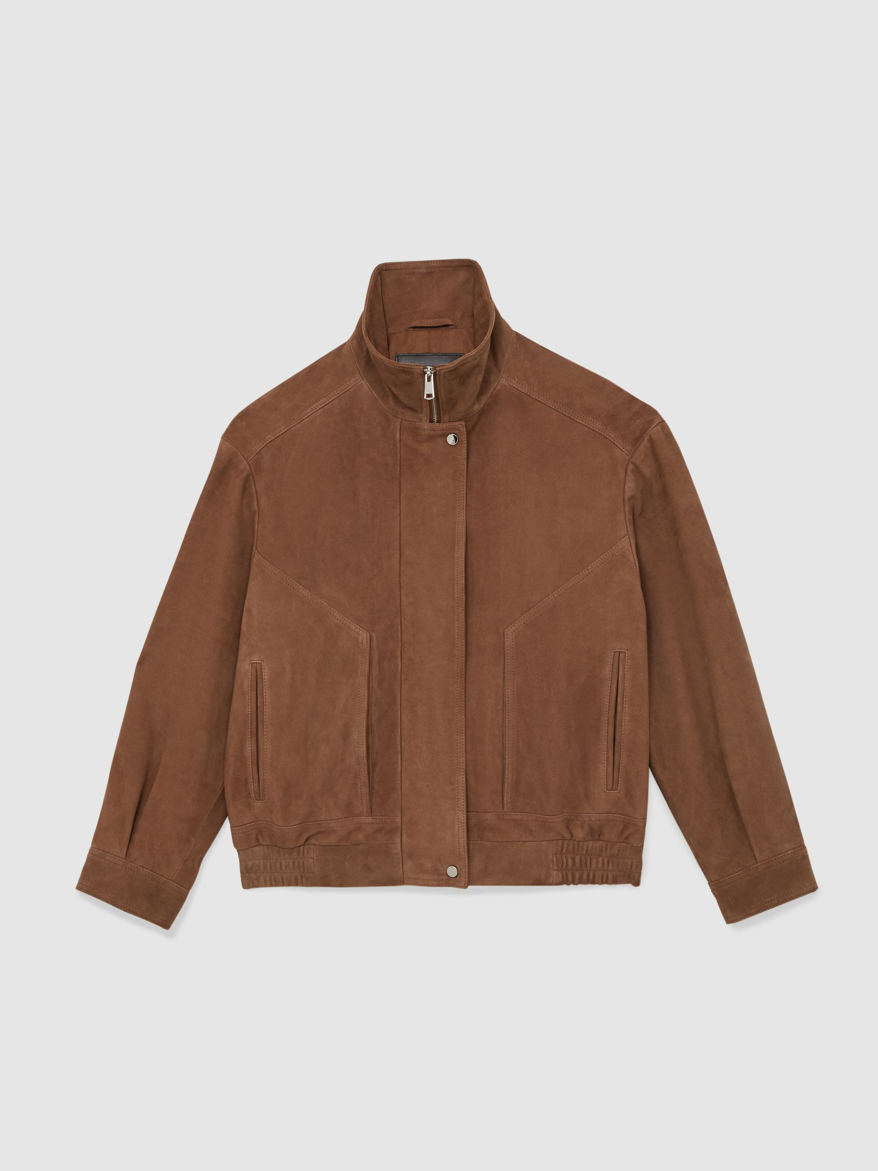 Suede Funnel-Neck Bomber Jacket in Tan