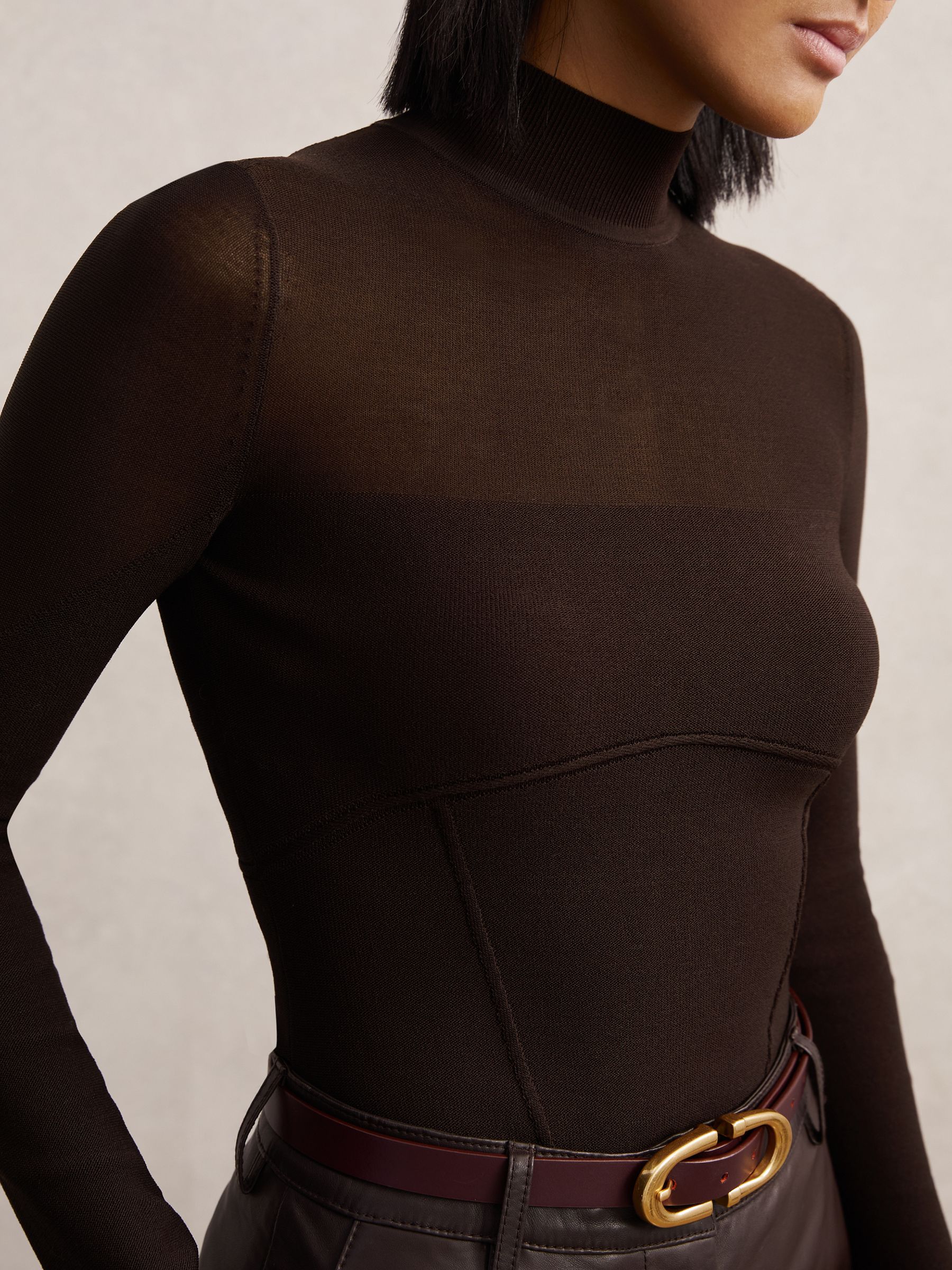 Mesh Funnel-Neck Knit Top in Chocolate Brown