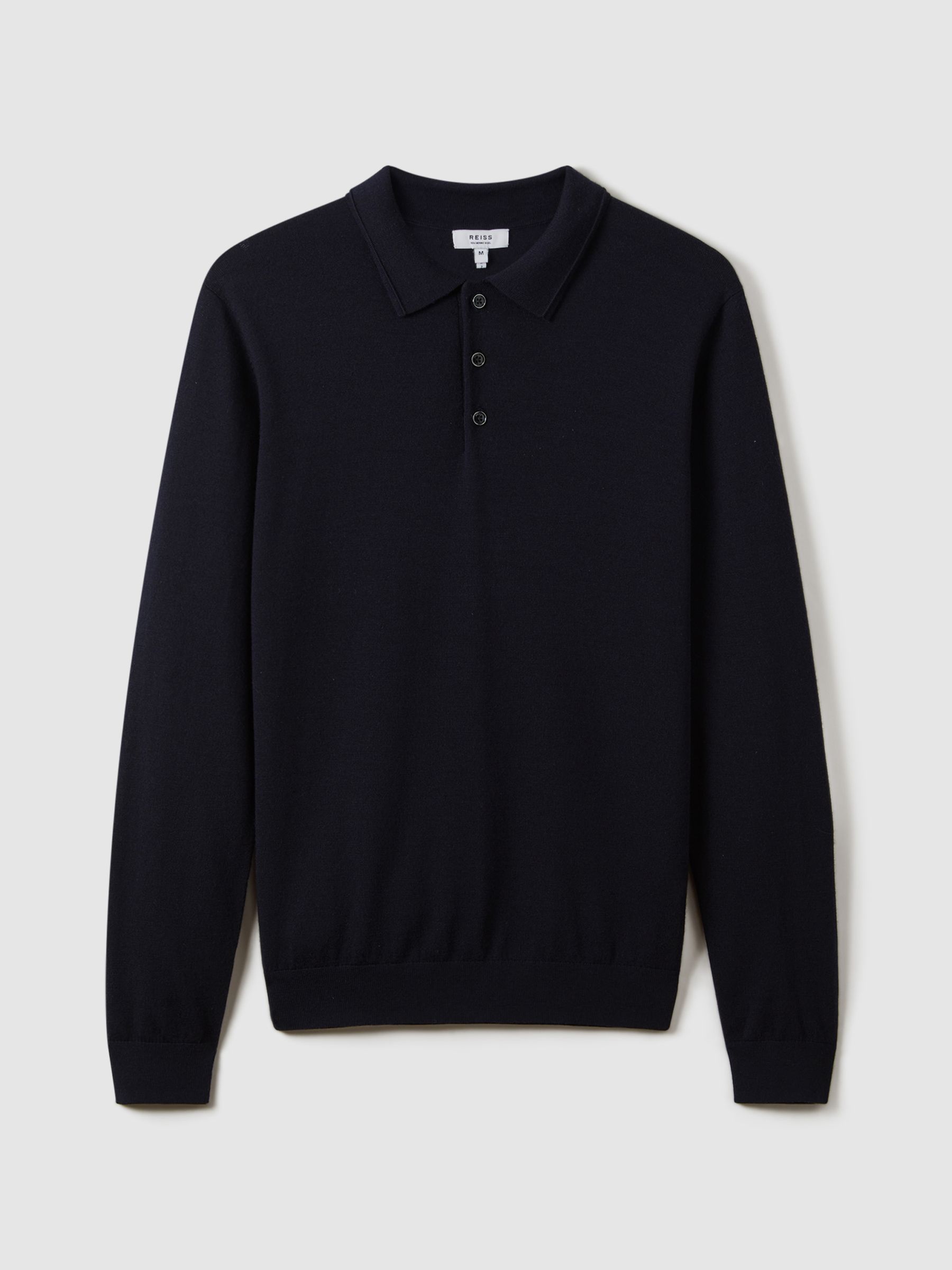 Merino Wool Long-Sleeve Polo Shirt in Navy