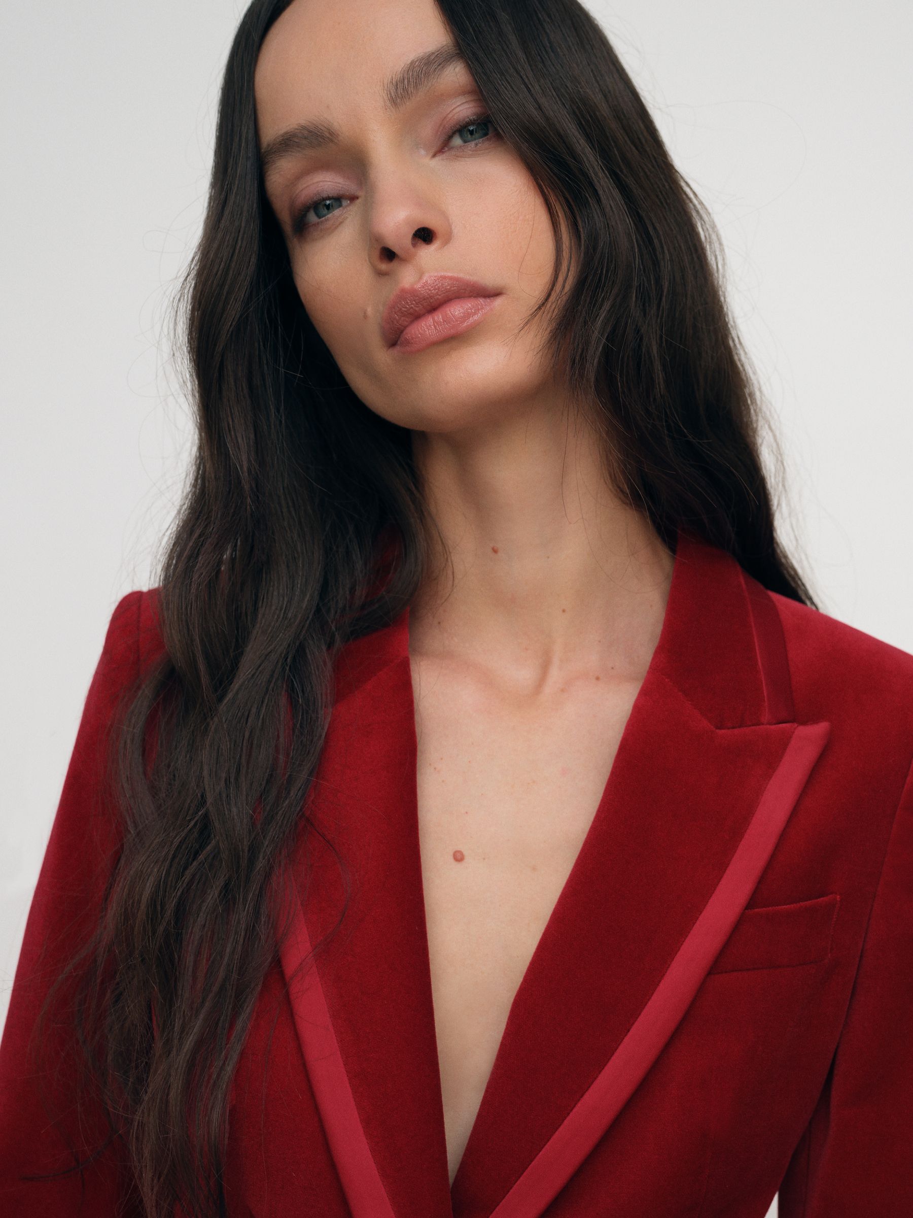 Petite Velvet Single-Breasted Suit Blazer in Red