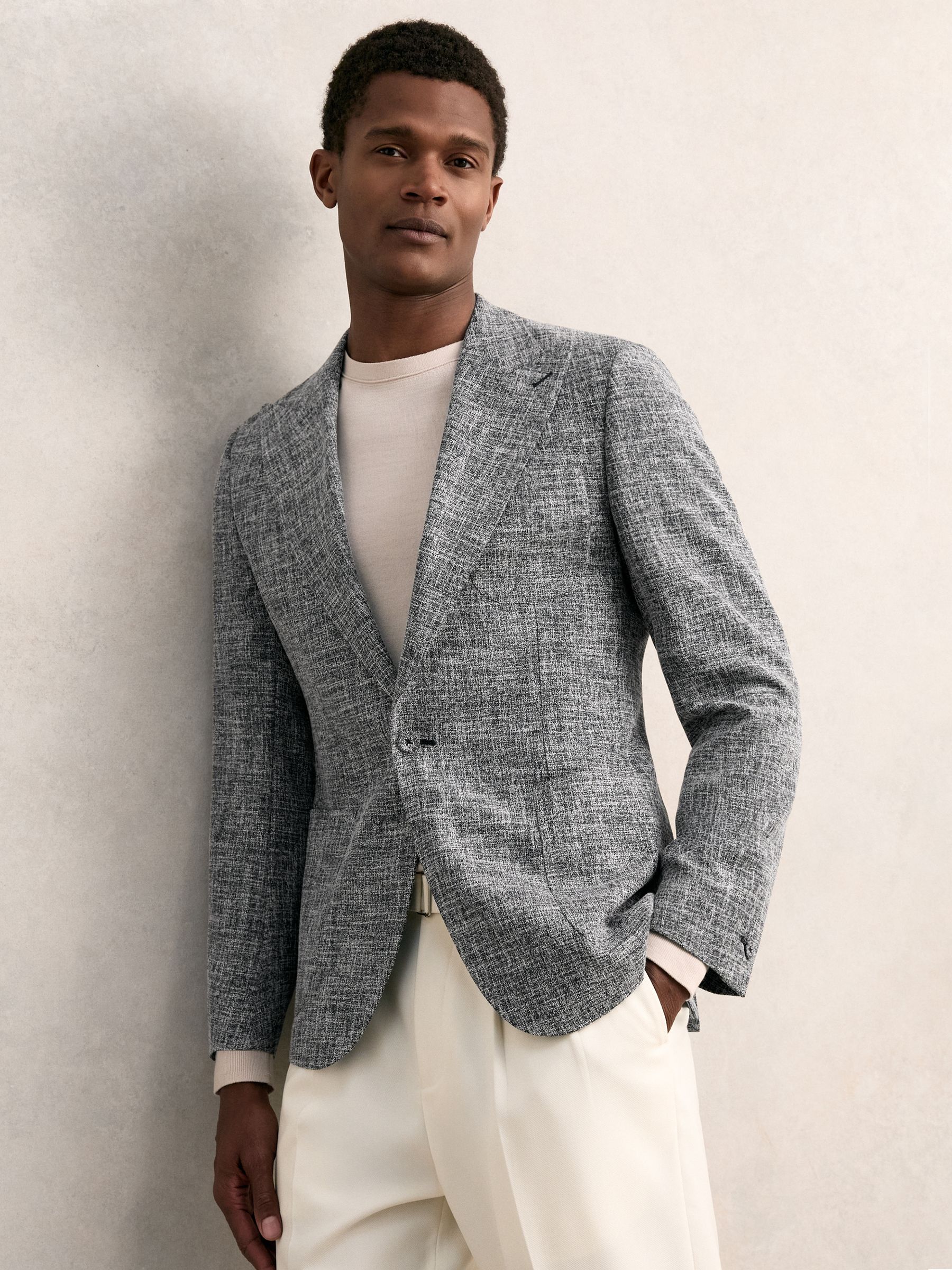 Single-Breasted Textured Mélange Blazer Slim-Fit in Navy Melange