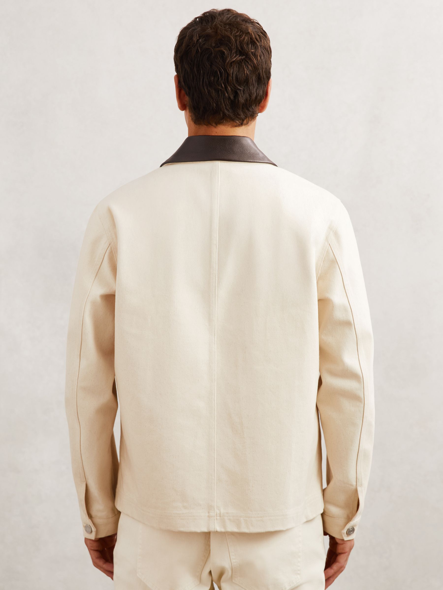 Denim Leather-Collar Worker Jacket in Off White