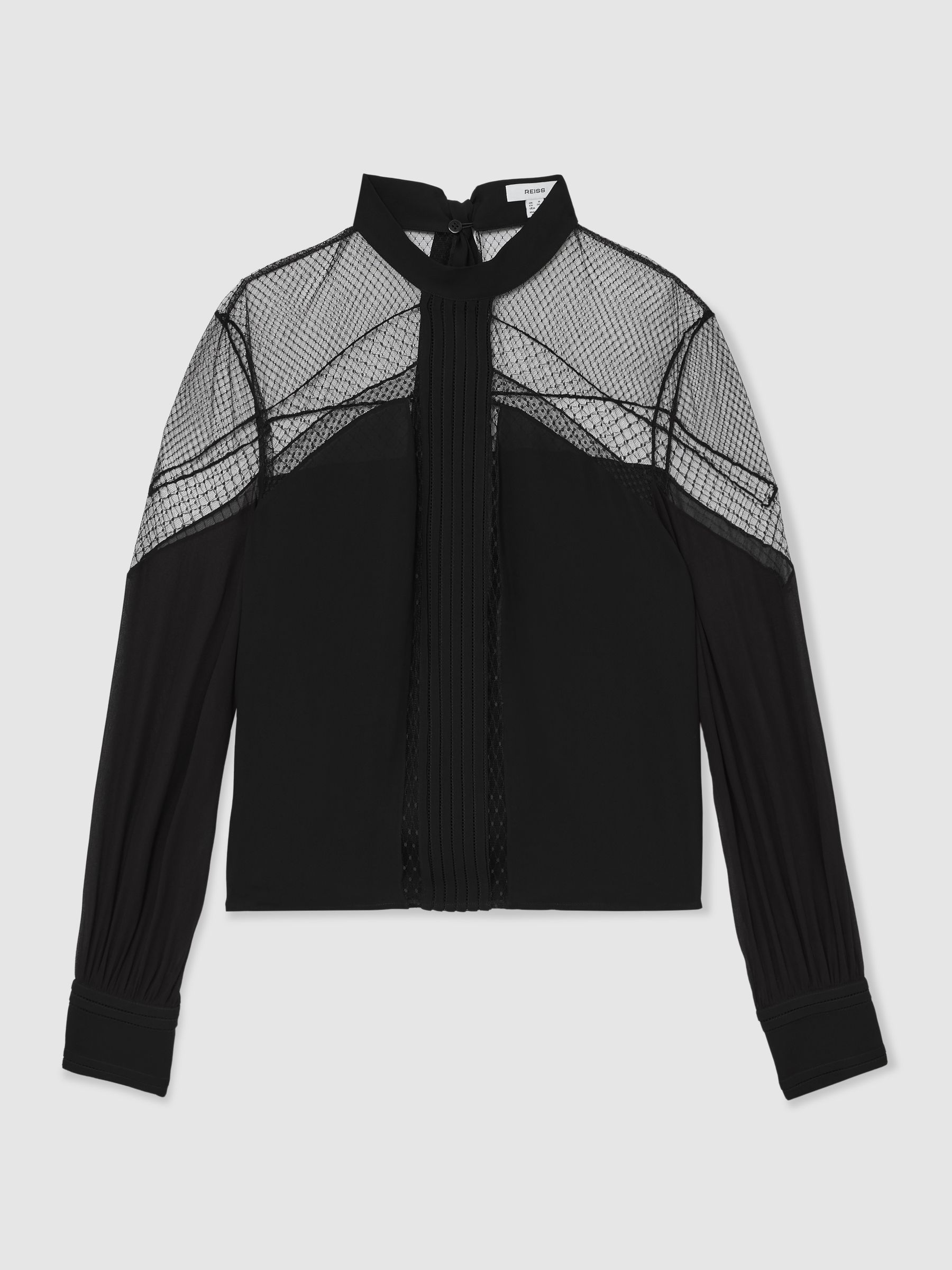 Lace-Insert Tie-Back Blouse in Black