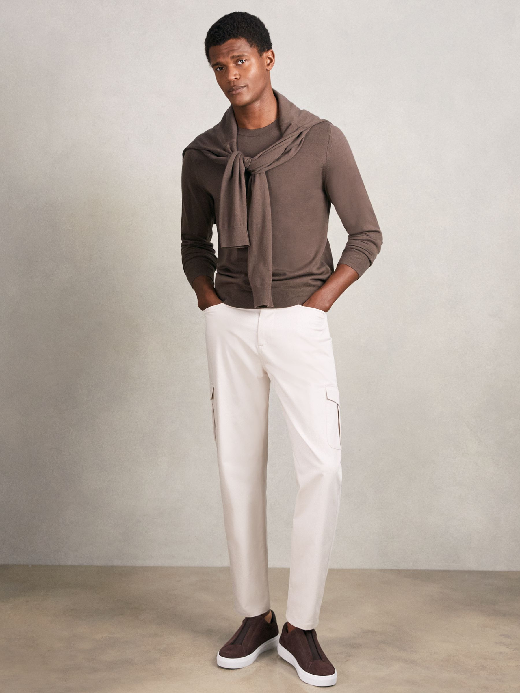 Cotton Tapered Cargo Trousers With Stretch in Stone