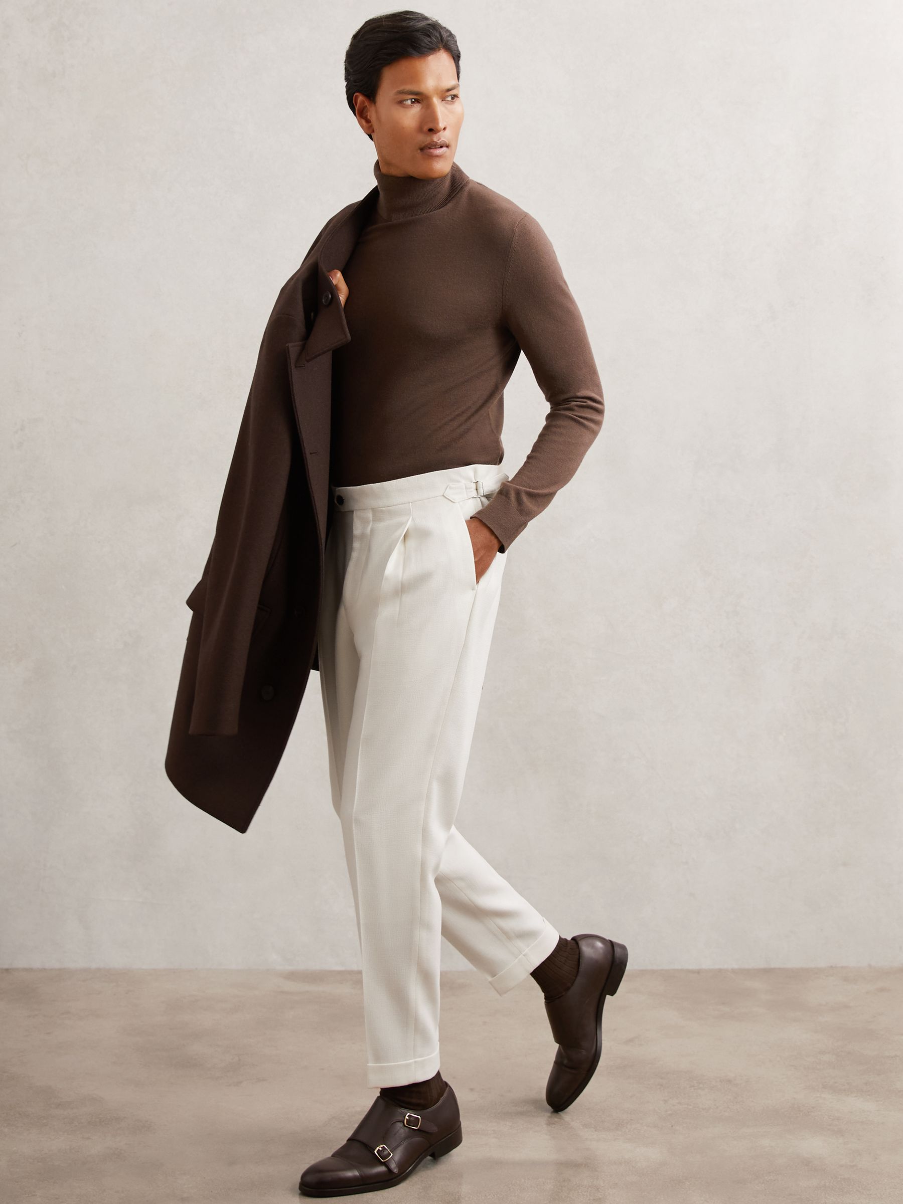 Wool-Blend Slim-Fit Cuffed Trousers in White