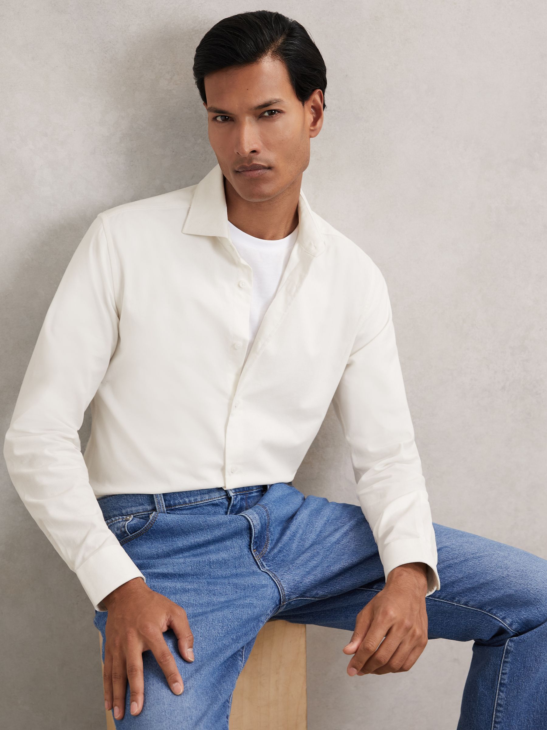 Cotton Corduroy Cutaway-Collar Shirt in White