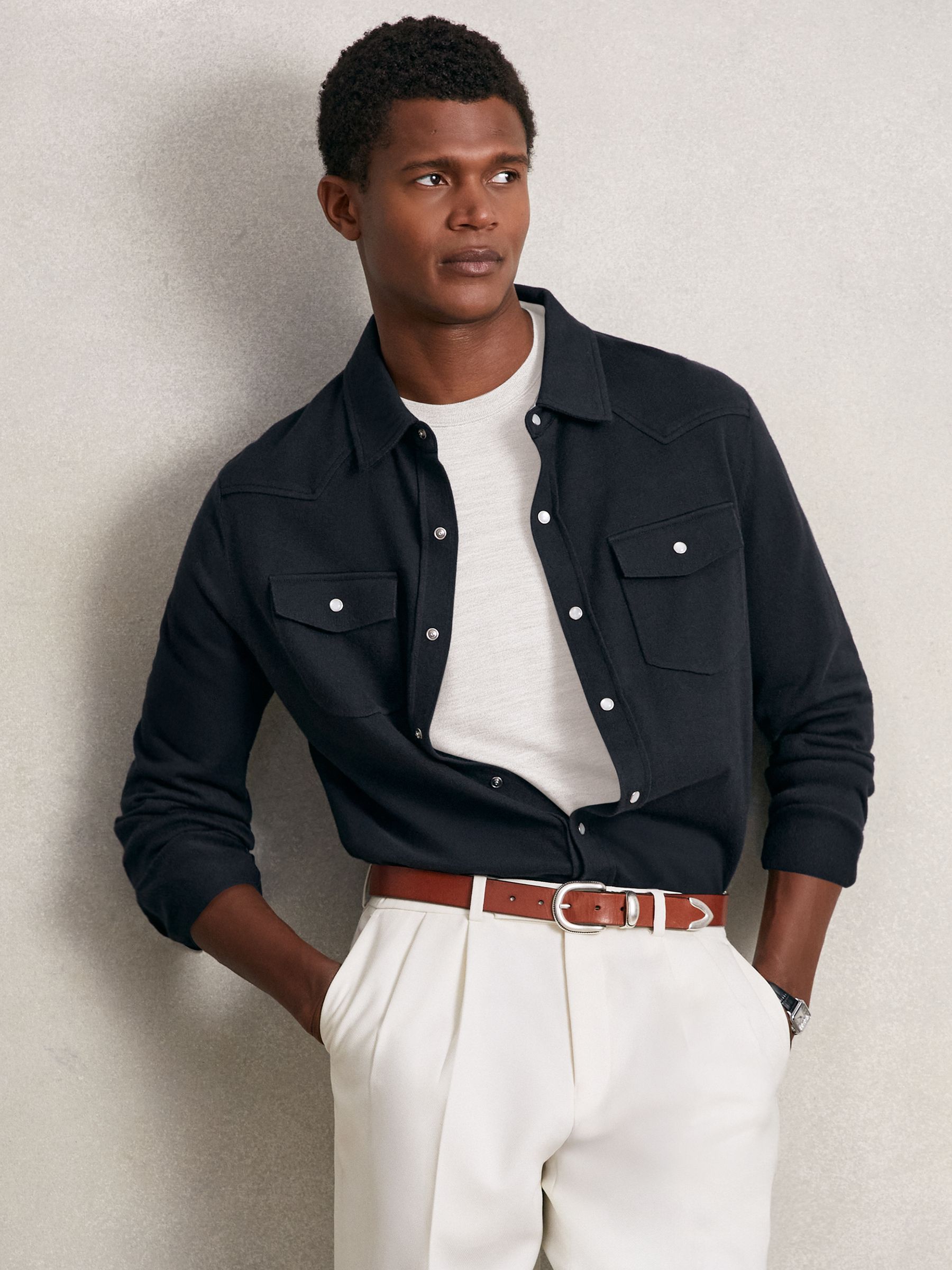 Cotton-Cashmere Western Knitted Shirt in Navy