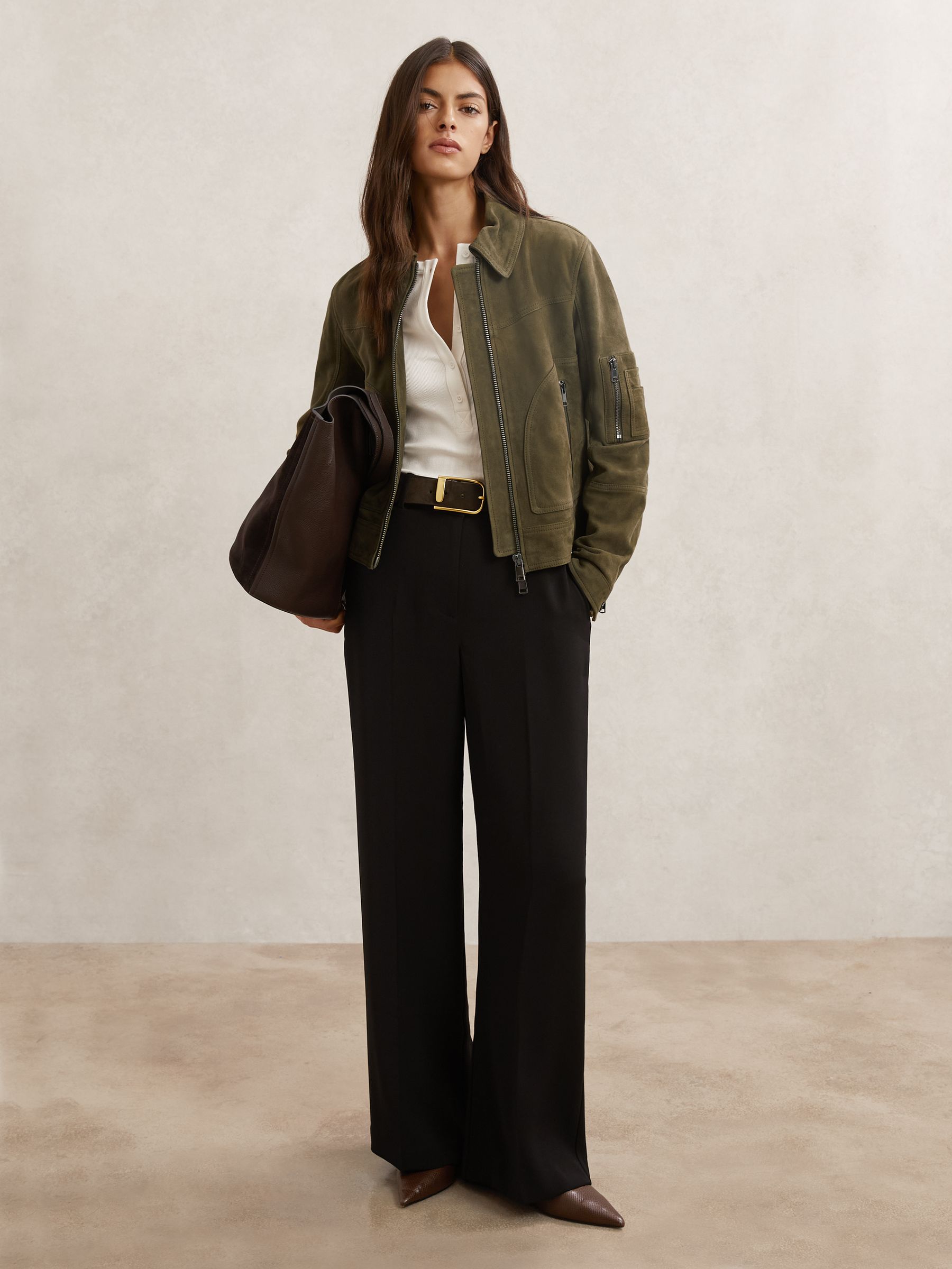 Suede Zip-Through Jacket in Khaki Green