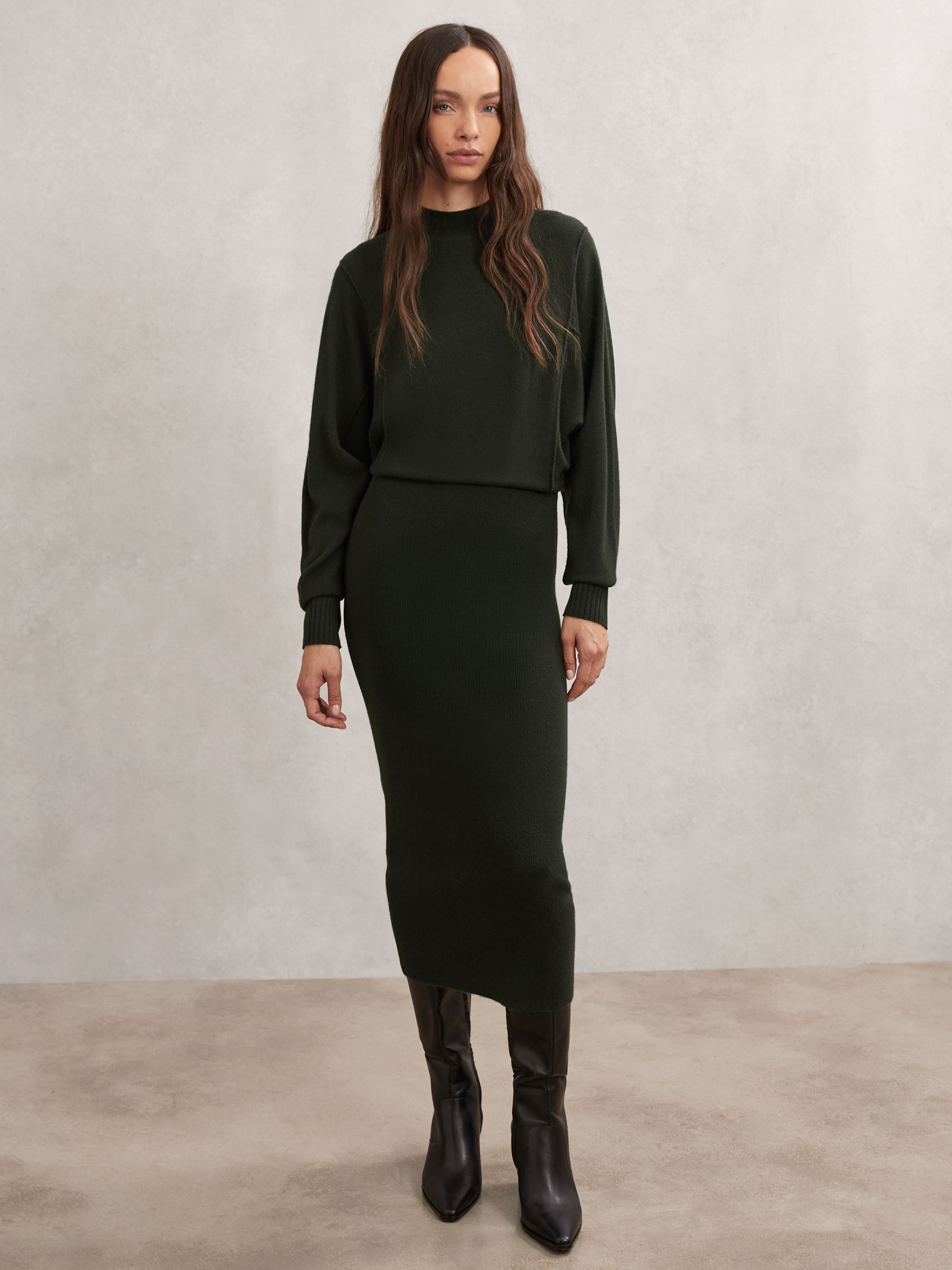 Wool-Blend High-Neck Knitted Dress with Cashmere in Dark Green