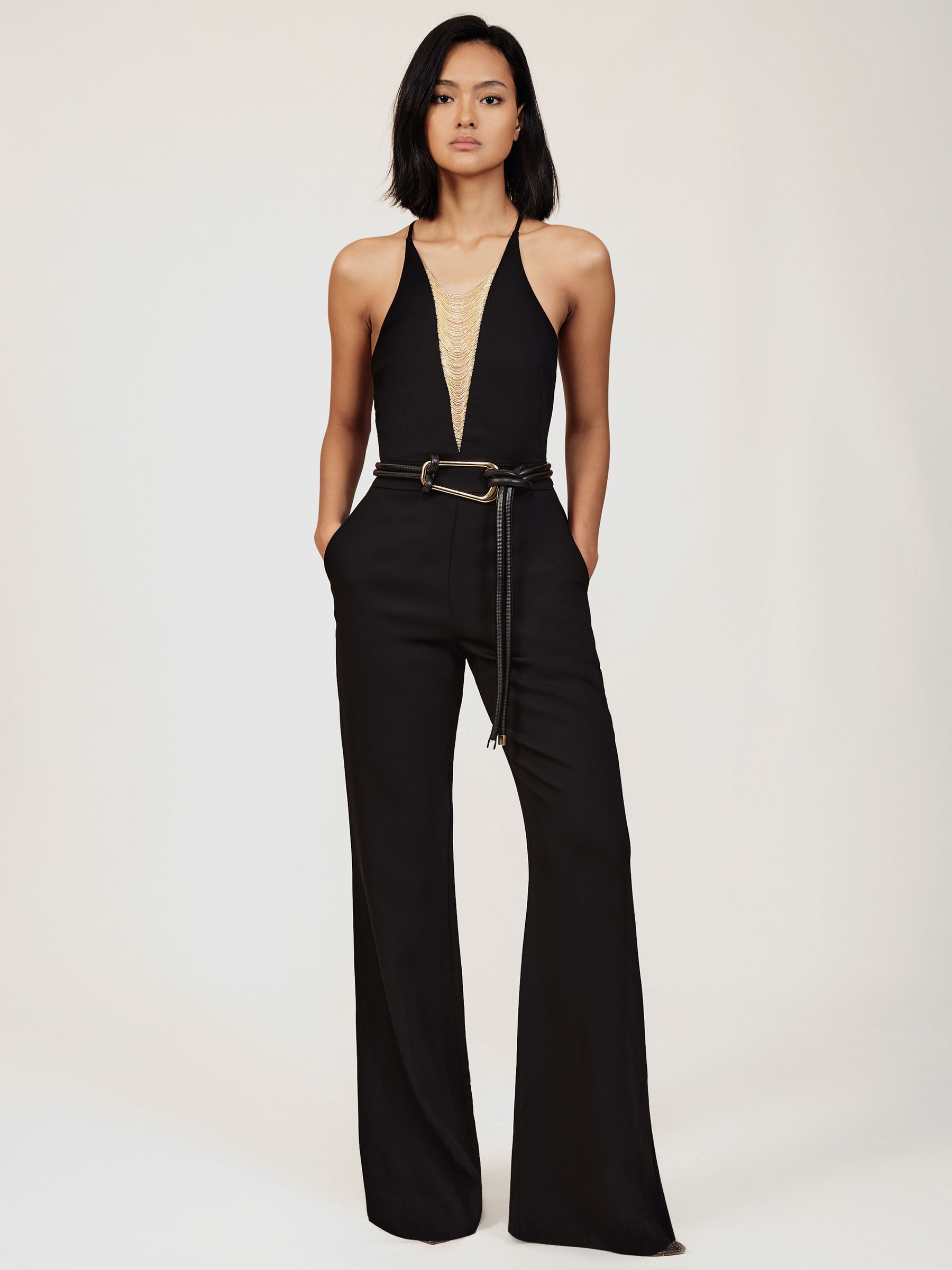 Chain-Detail Flared-Leg Jumpsuit in Black