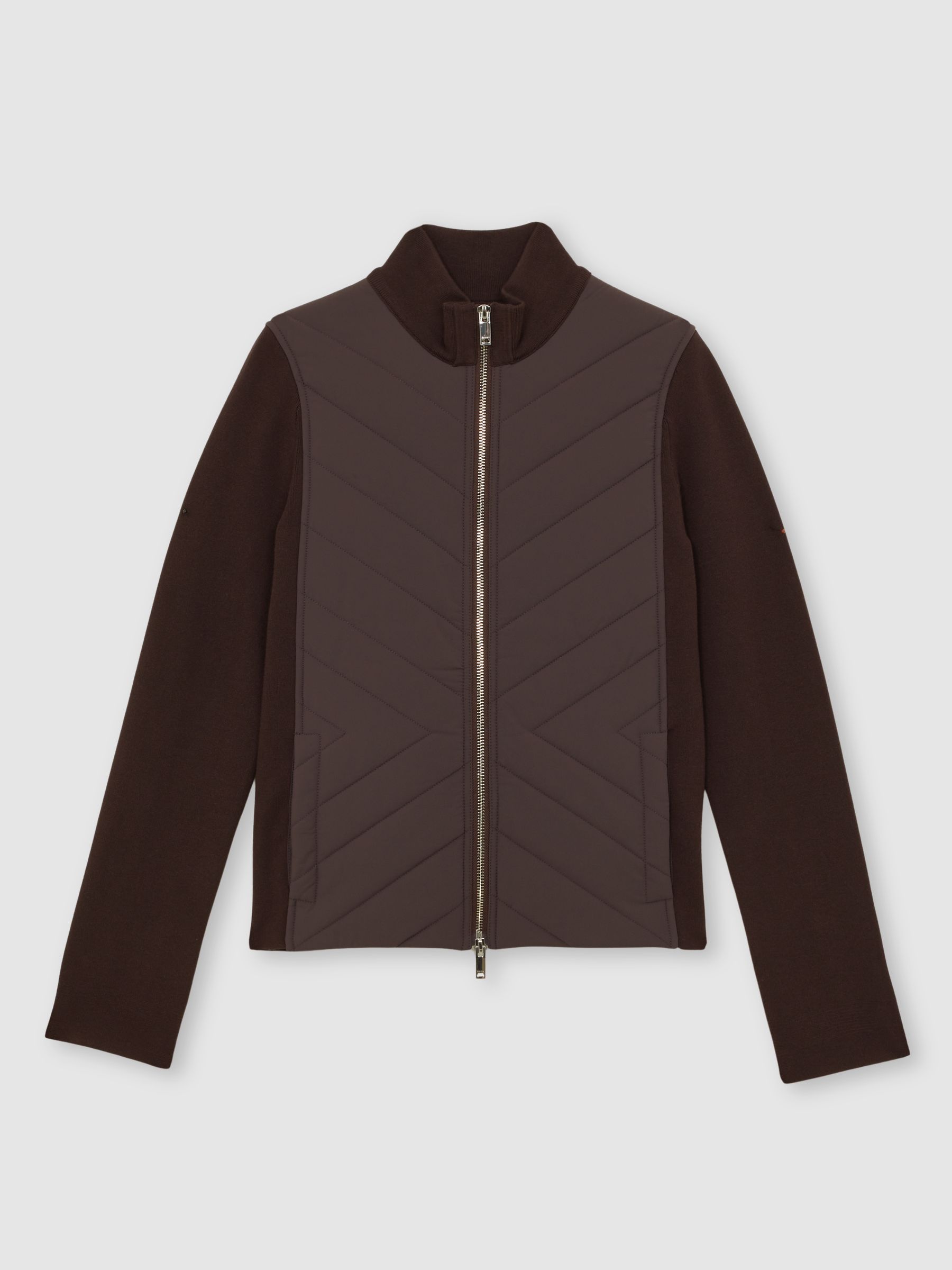 Hybrid Quilted Zip-Through Knit Jacket in Chocolate Brown