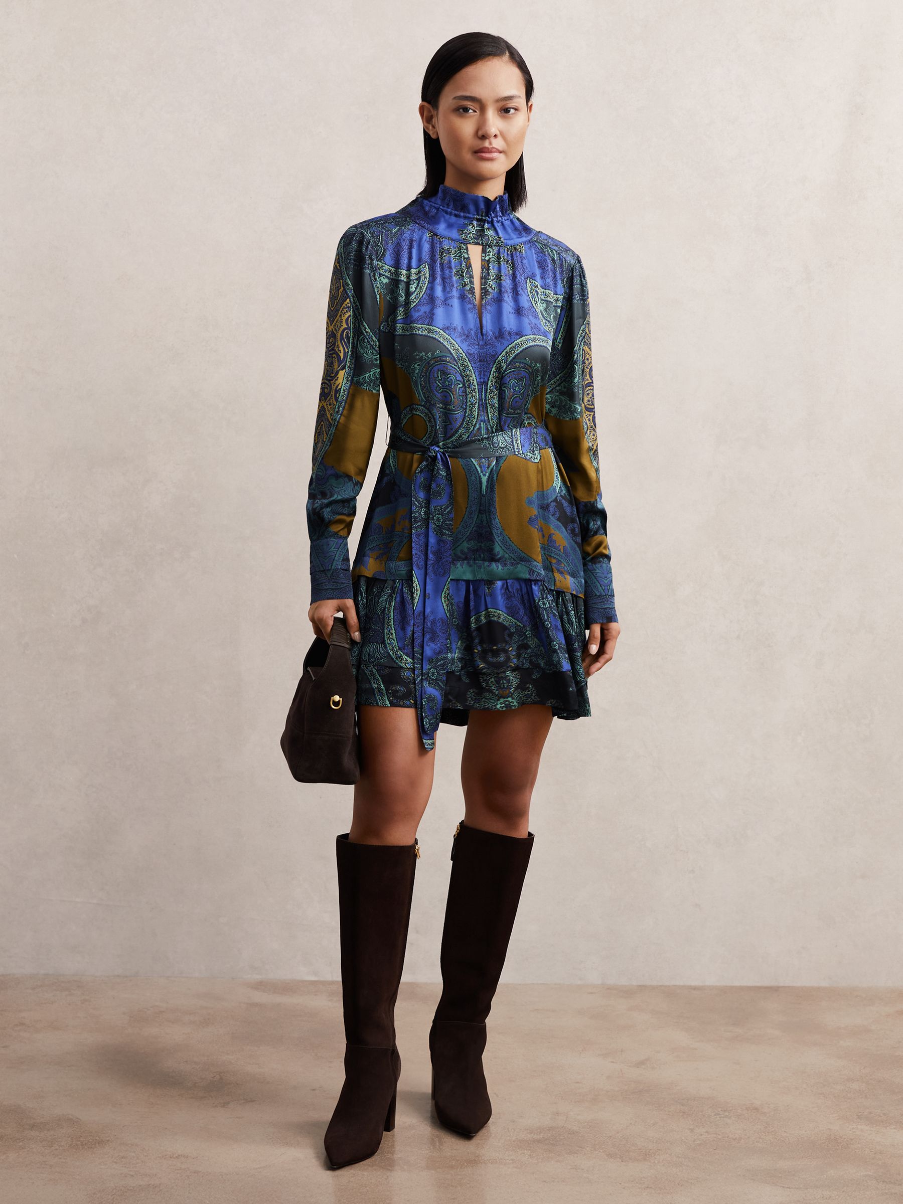 Paisley-Print Belted Mini Dress in Blue