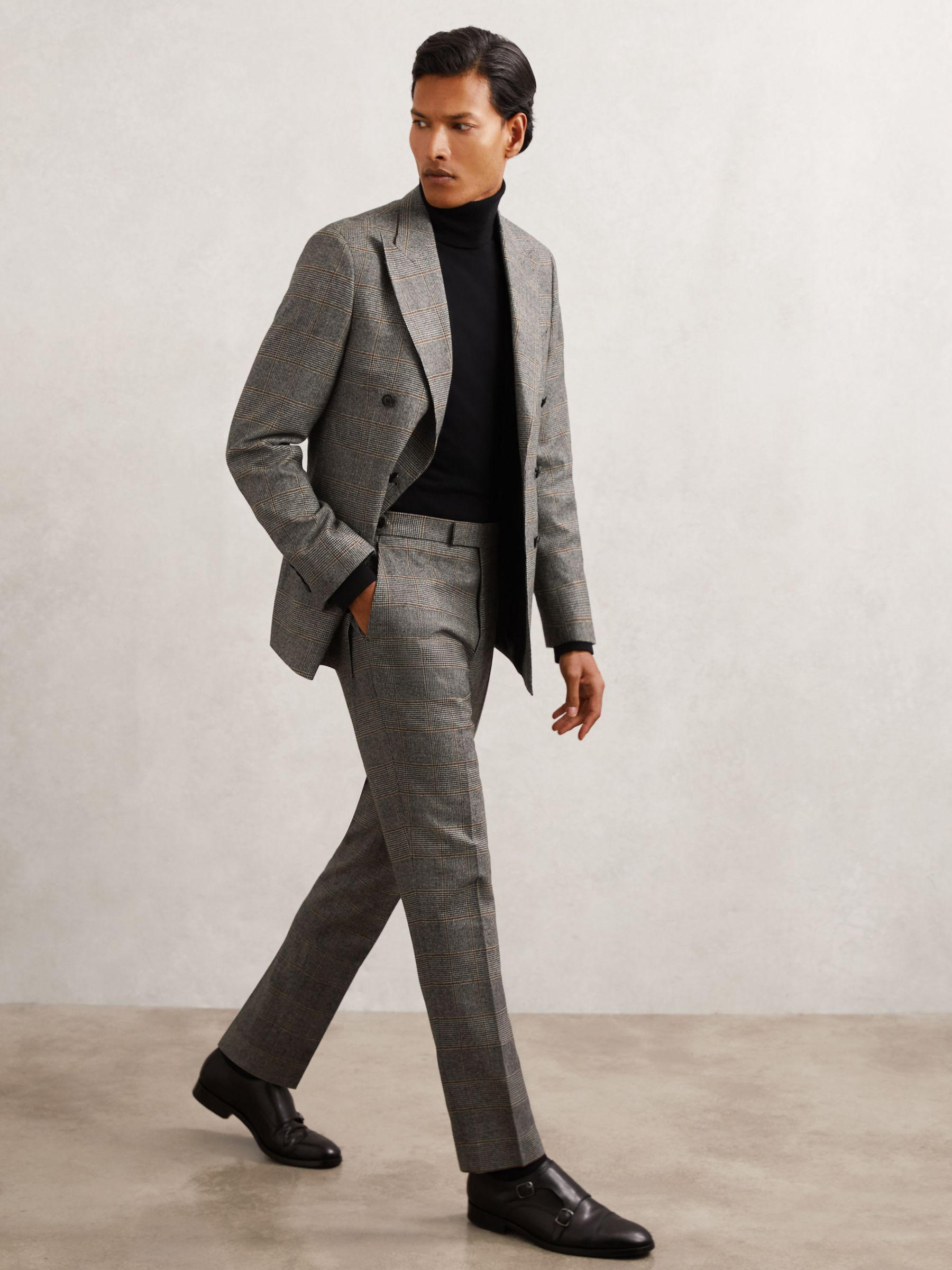 Wool Tailored-Fit Check Suit Trousers in Charcoal Grey