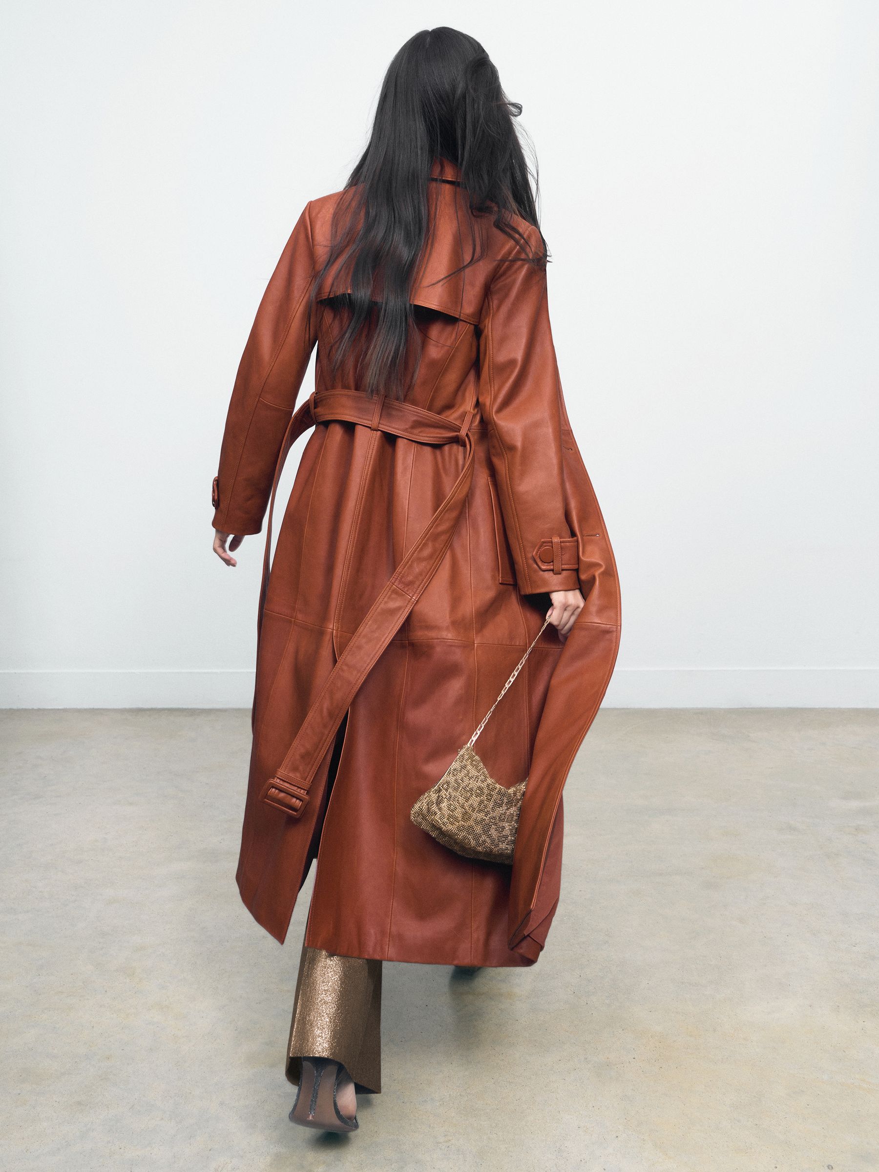 Leather Double-Breasted Trench Coat in Tan